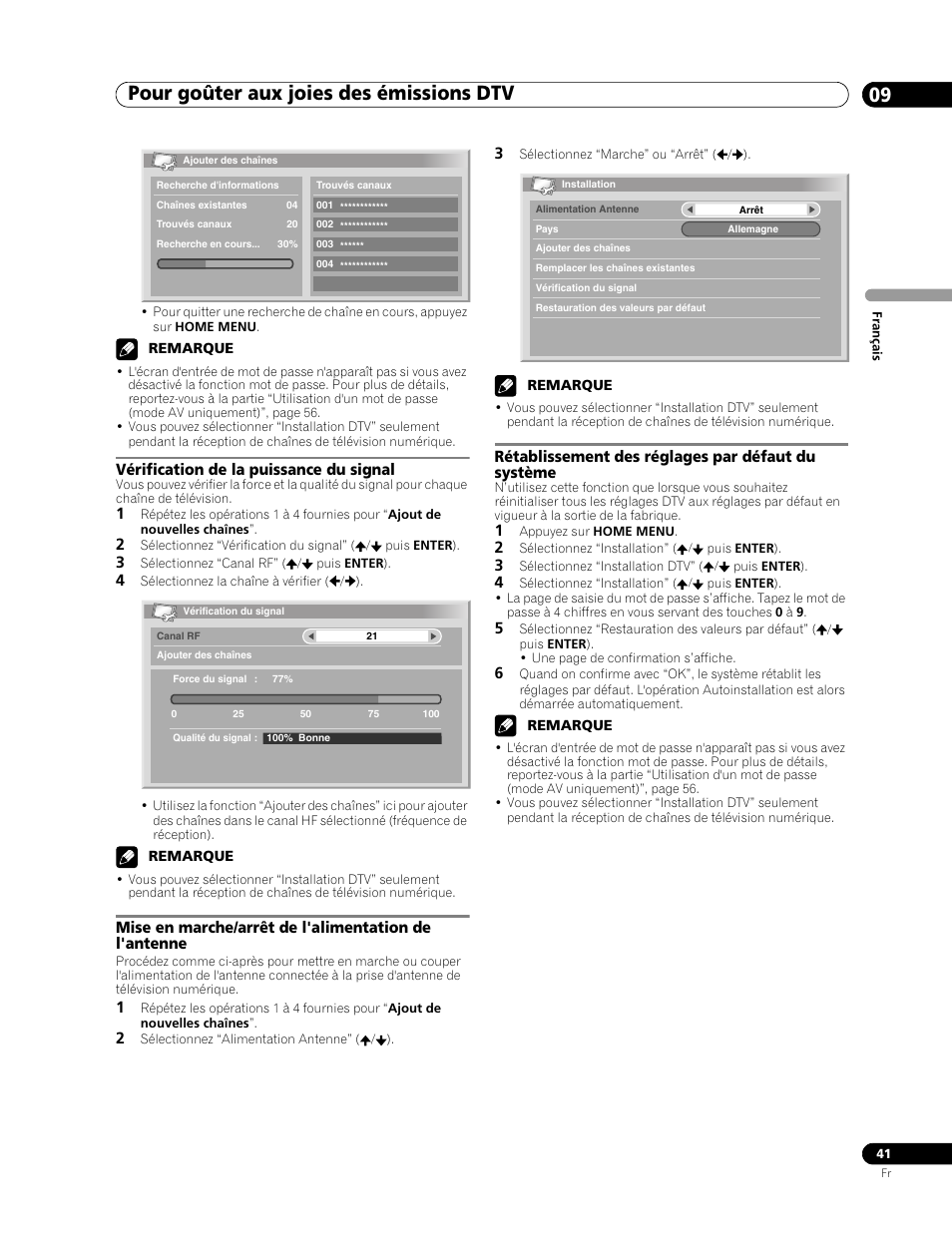 Pour goûter aux joies des émissions dtv 09, Vérification de la puissance du signal, Rétablissement des réglages par défaut du système | Pioneer PDP-507XD User Manual | Page 113 / 219