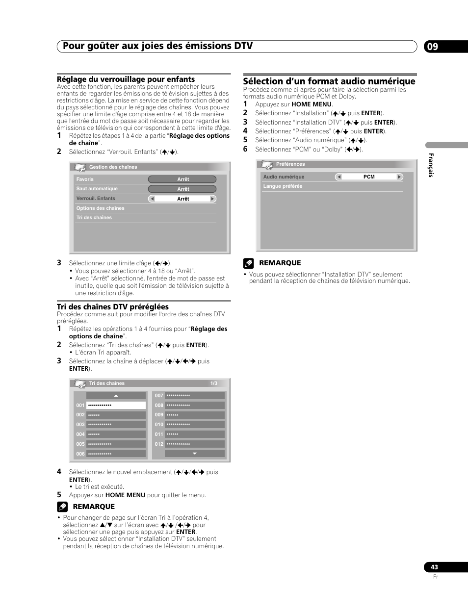 Sélection d’un format audio numérique, Pour goûter aux joies des émissions dtv 09, Réglage du verrouillage pour enfants | Tri des chaînes dtv préréglées | Pioneer PDP-507XD User Manual | Page 115 / 219