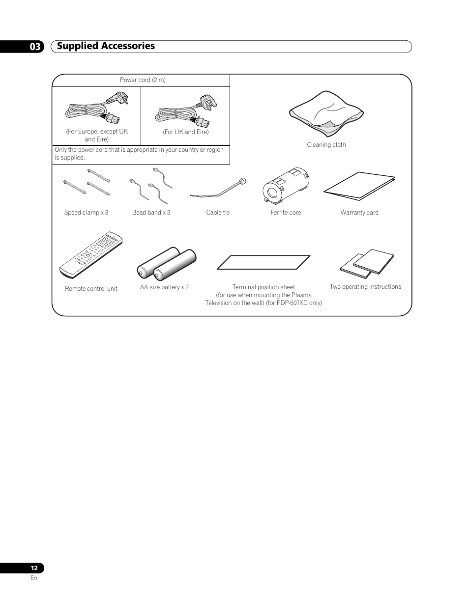 Supplied accessories, 03 supplied accessories, Supplied accessories 03 supplied accessories | Pioneer PDP-507XD User Manual | Page 12 / 219