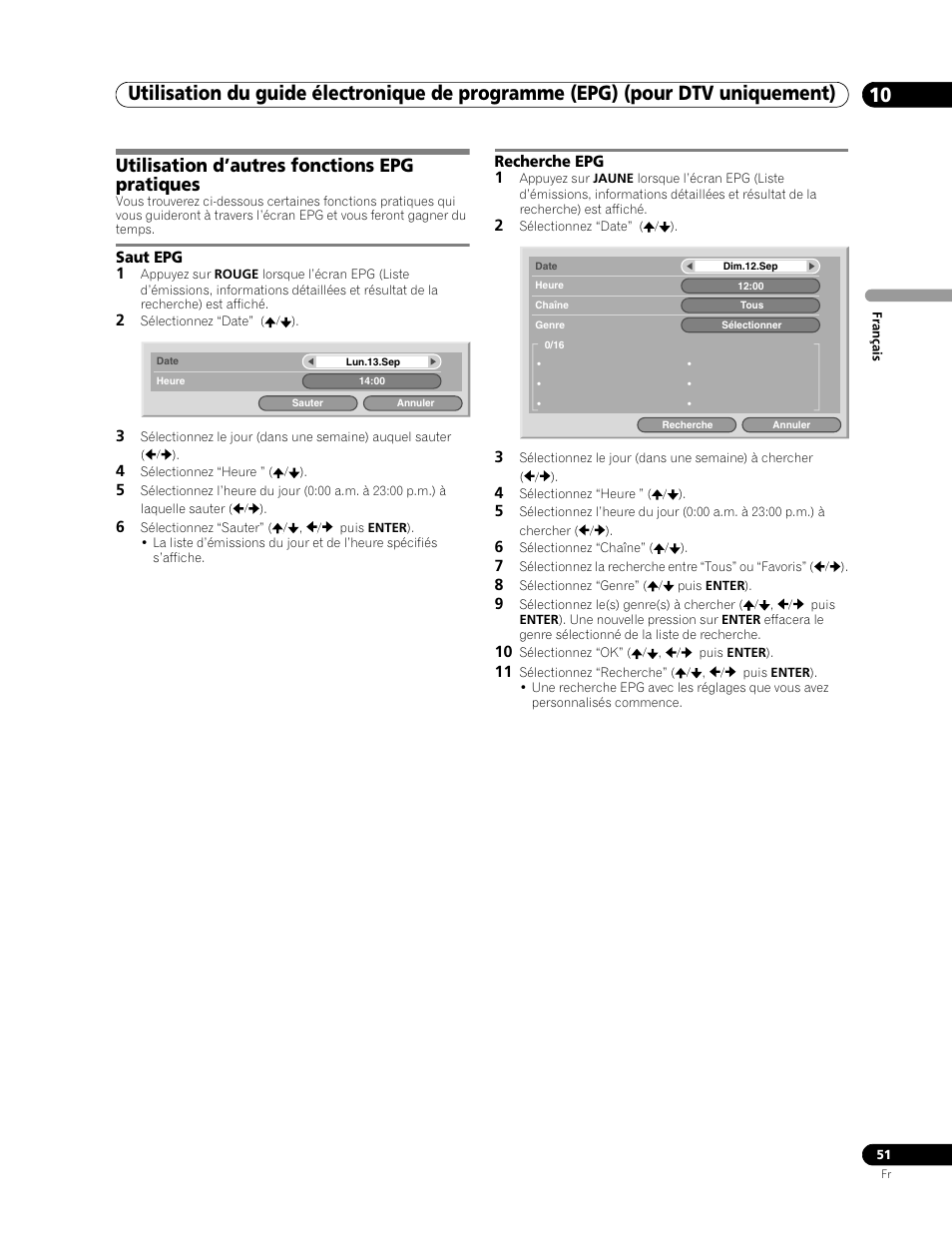 Utilisation d’autres fonctions epg pratiques, Saut epg recherche epg | Pioneer PDP-507XD User Manual | Page 123 / 219