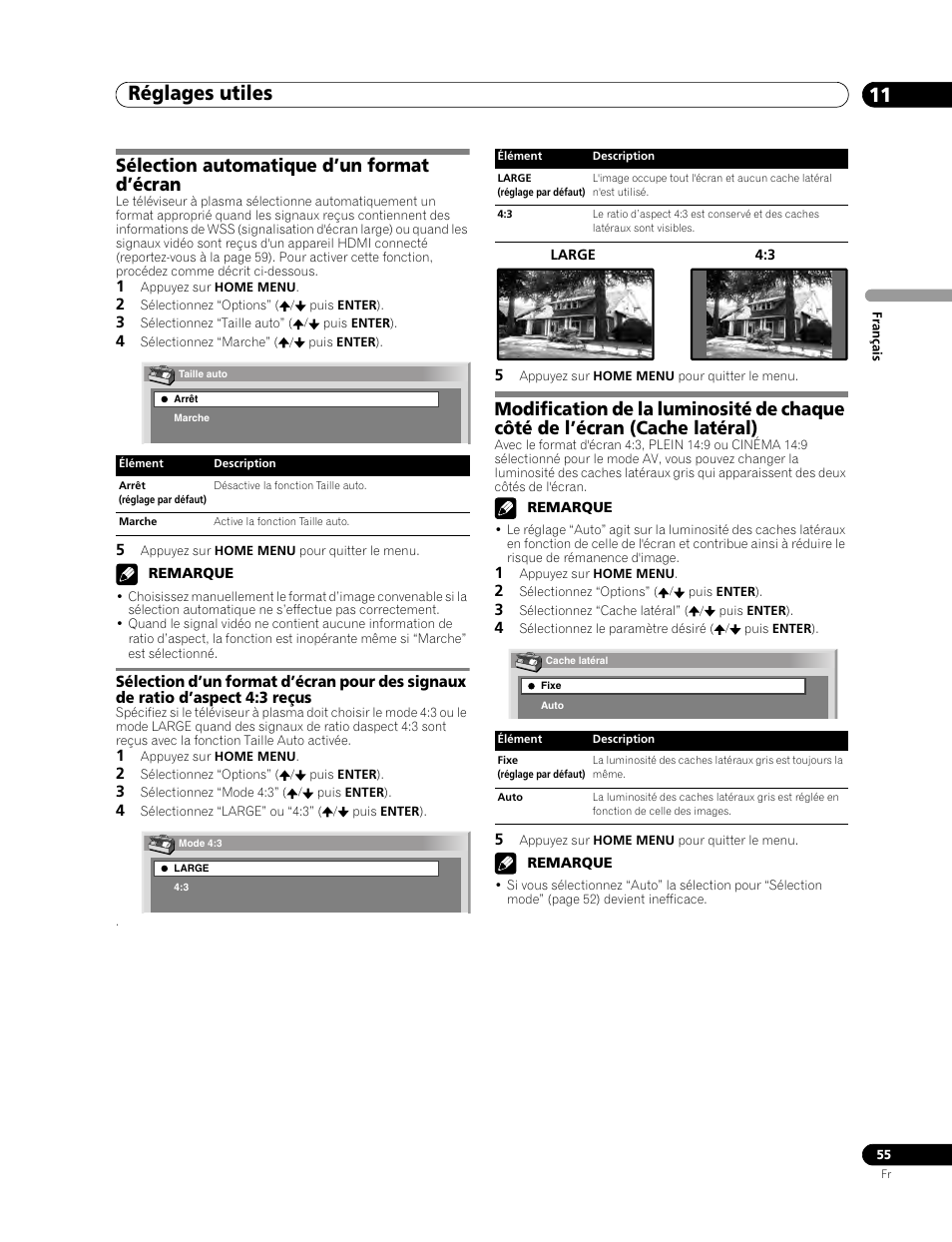 Sélection automatique d’un format d’écran, Réglages utiles 11 | Pioneer PDP-507XD User Manual | Page 127 / 219