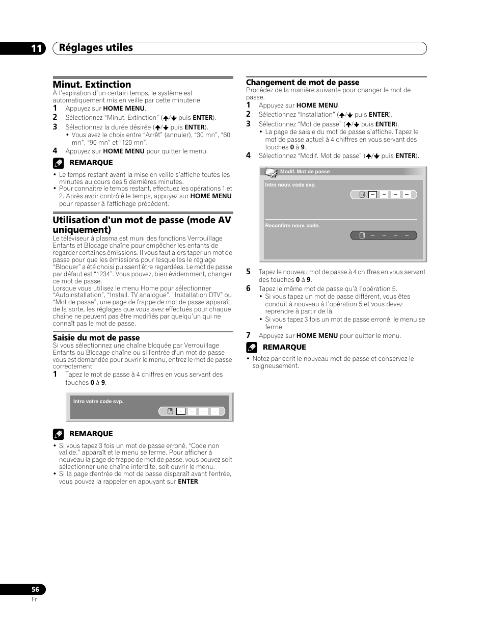 Saisie du mot de passe changement de mot de passe, Réglages utiles 11, Minut. extinction | Utilisation d'un mot de passe (mode av uniquement) | Pioneer PDP-507XD User Manual | Page 128 / 219