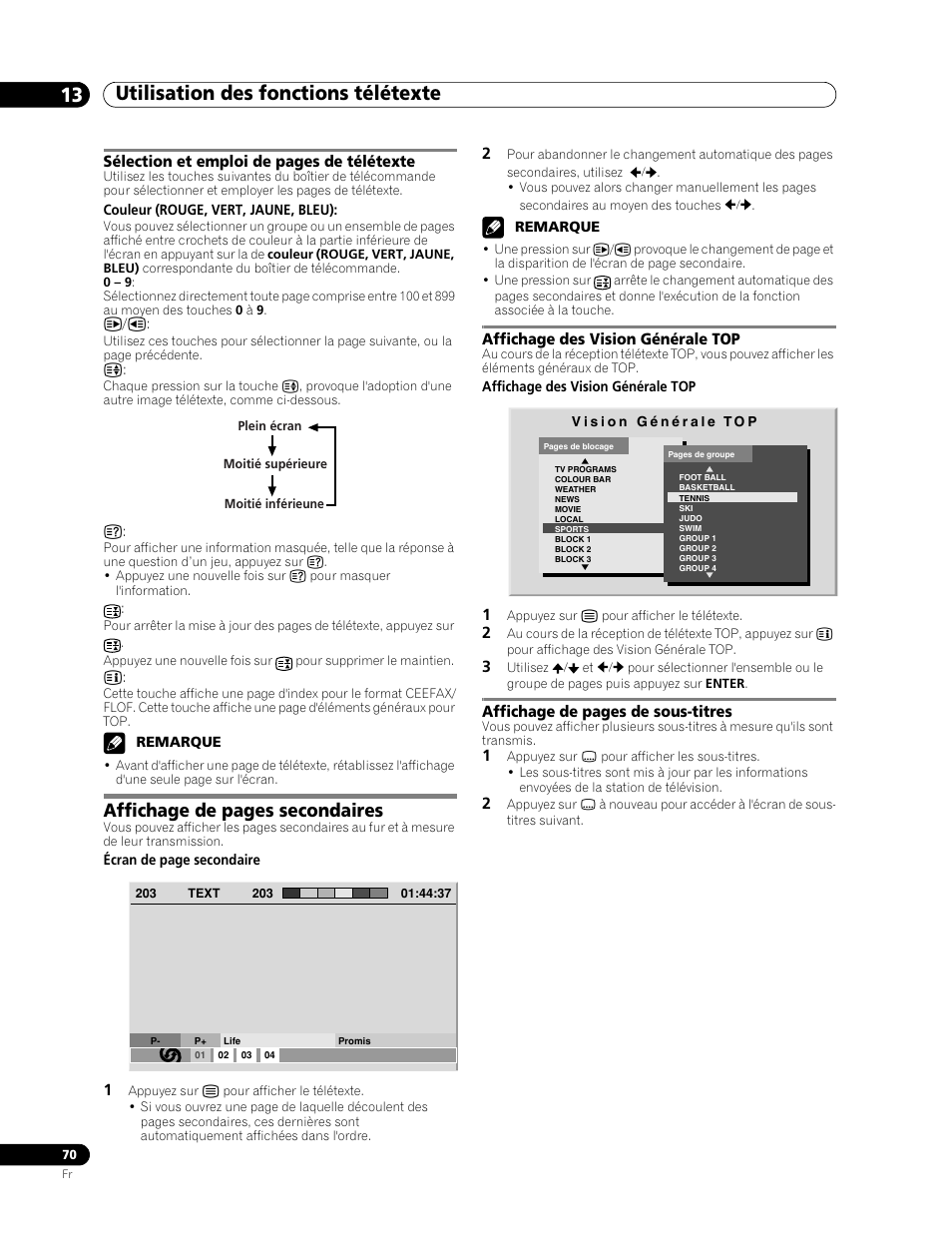 Utilisation des fonctions télétexte 13, Affichage de pages secondaires | Pioneer PDP-507XD User Manual | Page 142 / 219