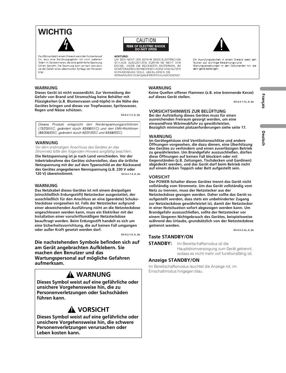 Warnung, Vorsicht | Pioneer PDP-507XD User Manual | Page 147 / 219