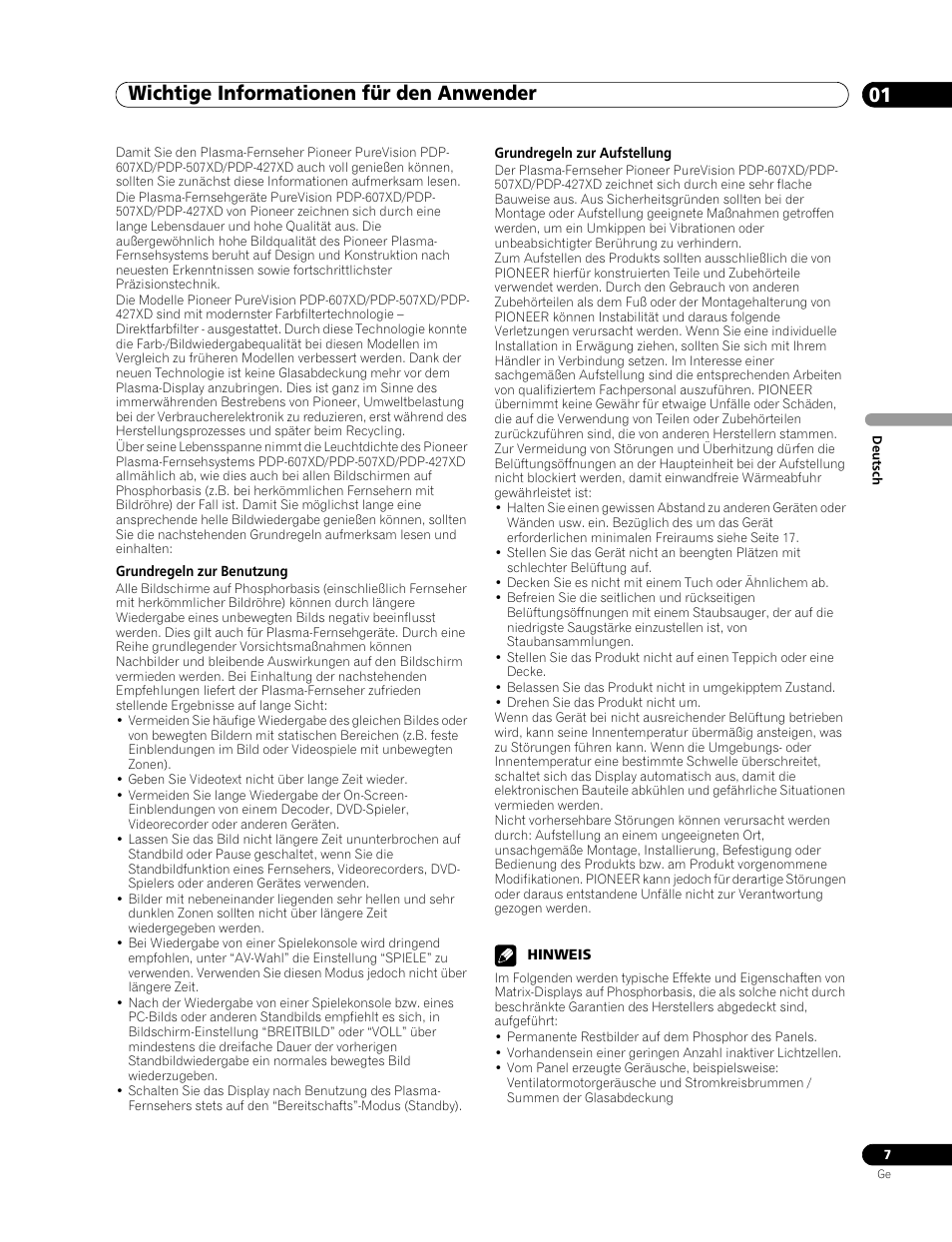 01 wichtige informationen für den anwender, Wichtige informationen für den anwender 01, Wichtige informationen für den anwender | Pioneer PDP-507XD User Manual | Page 151 / 219