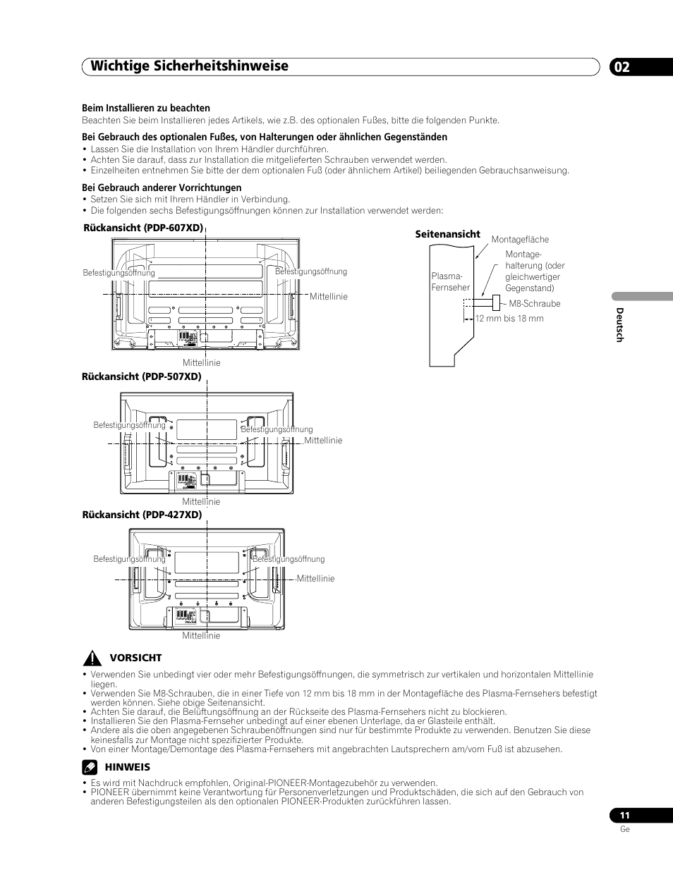 Wichtige sicherheitshinweise 02 | Pioneer PDP-507XD User Manual | Page 155 / 219