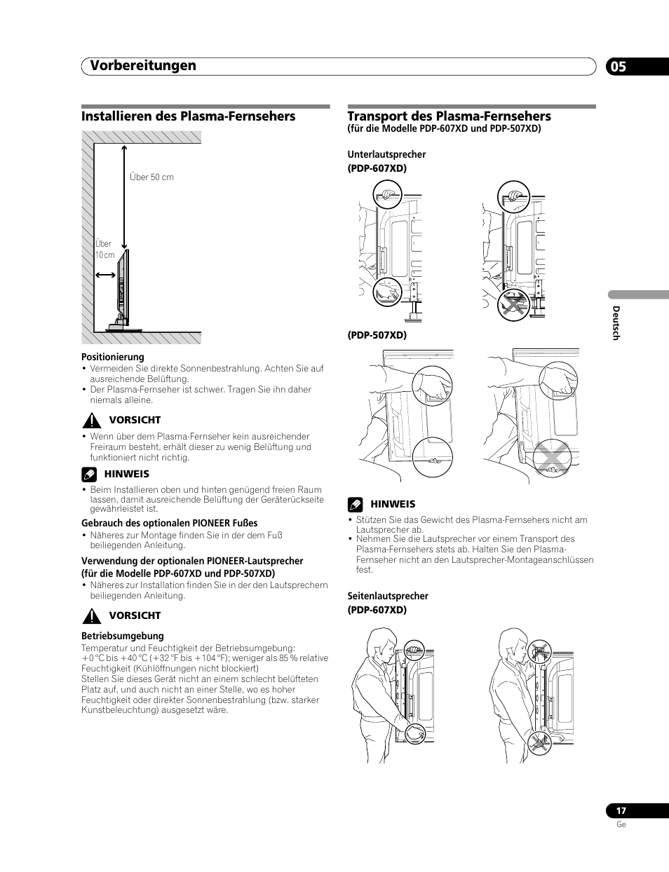 05 vorbereitungen, Vorbereitungen 05, Vorbereitungen | Installieren des plasma-fernsehers, Transport des plasma-fernsehers | Pioneer PDP-507XD User Manual | Page 161 / 219