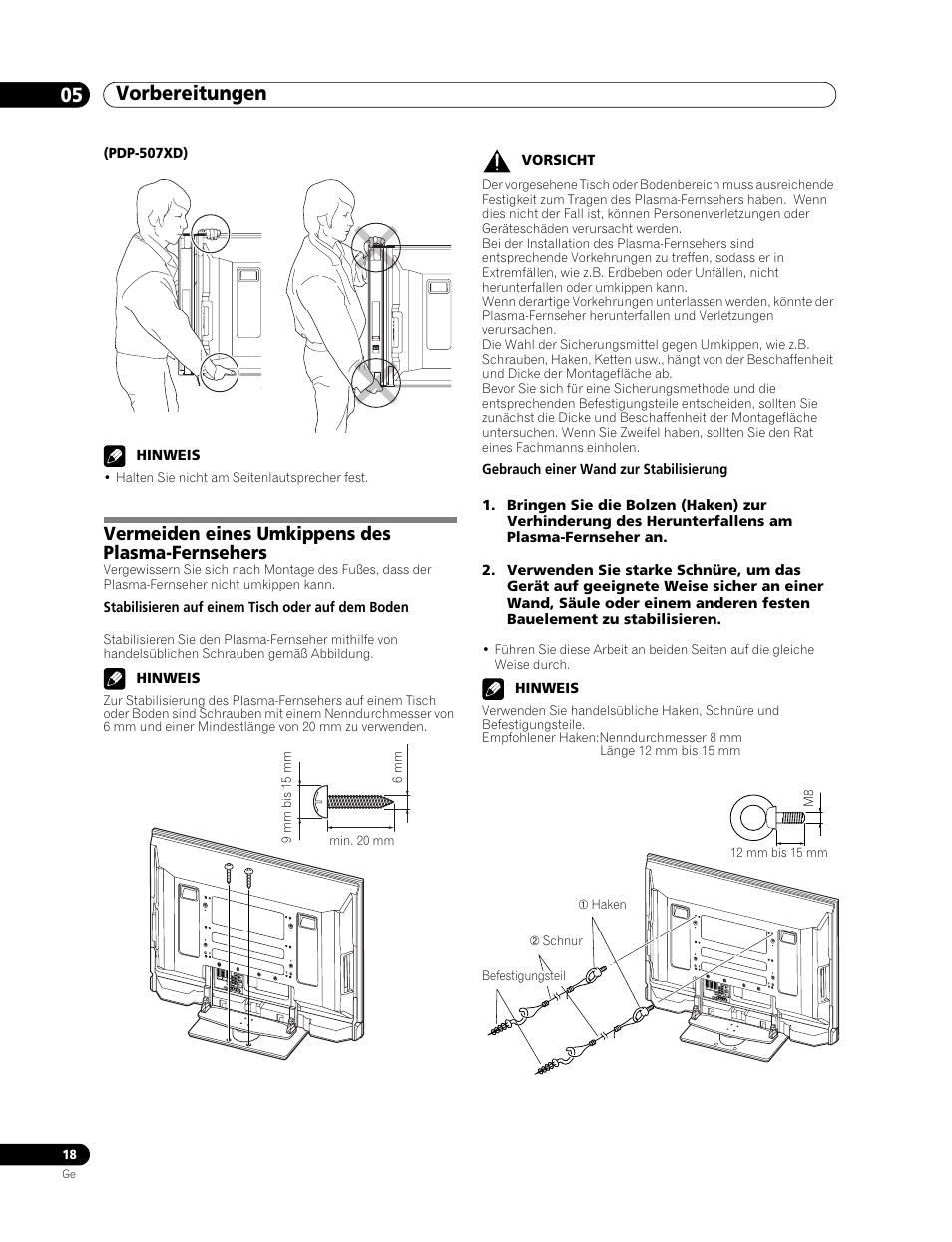 Vermeiden eines umkippens des plasma-fernsehers, Vorbereitungen 05 | Pioneer PDP-507XD User Manual | Page 162 / 219