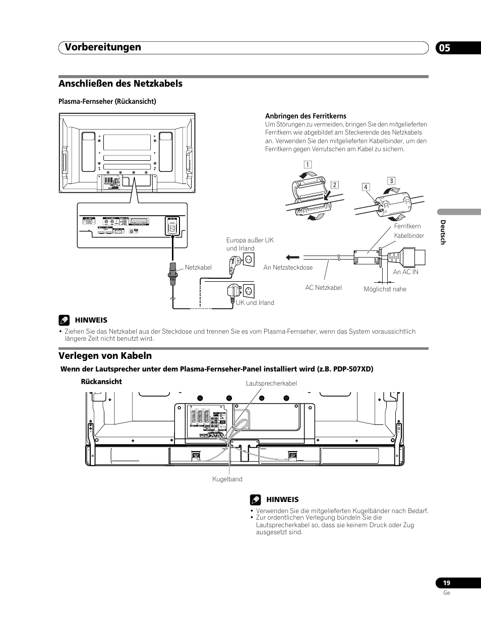Anschließen des netzkabels verlegen von kabeln, Vorbereitungen 05, Anschließen des netzkabels | Verlegen von kabeln | Pioneer PDP-507XD User Manual | Page 163 / 219