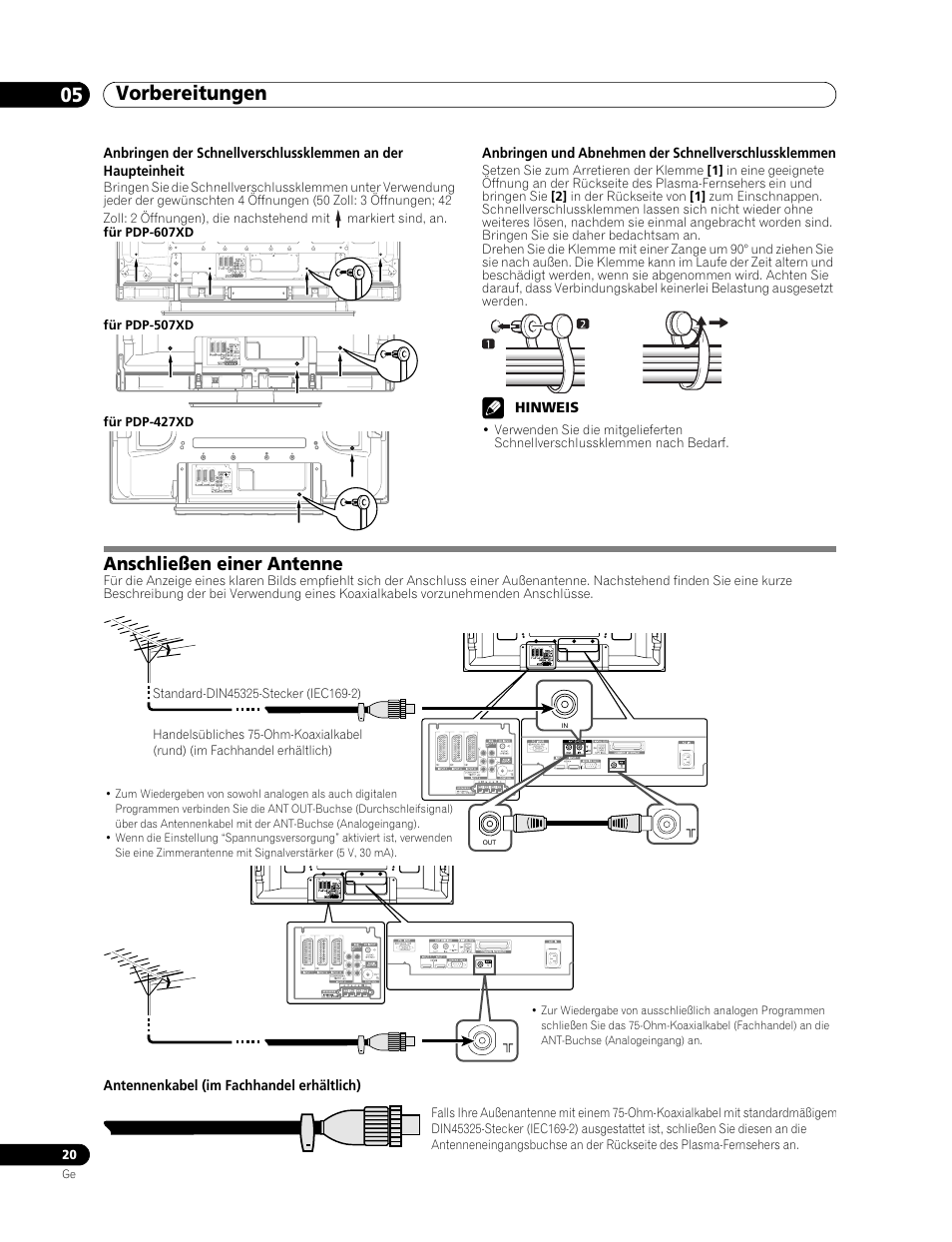 Anschließen einer antenne, Vorbereitungen 05 | Pioneer PDP-507XD User Manual | Page 164 / 219