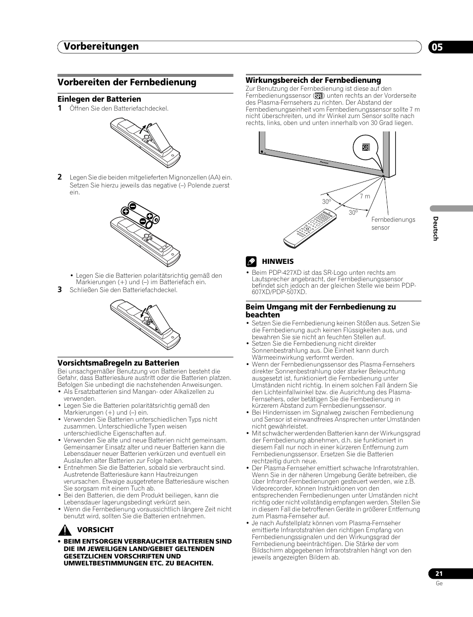 Vorbereiten der fernbedienung, Vorbereitungen 05 | Pioneer PDP-507XD User Manual | Page 165 / 219