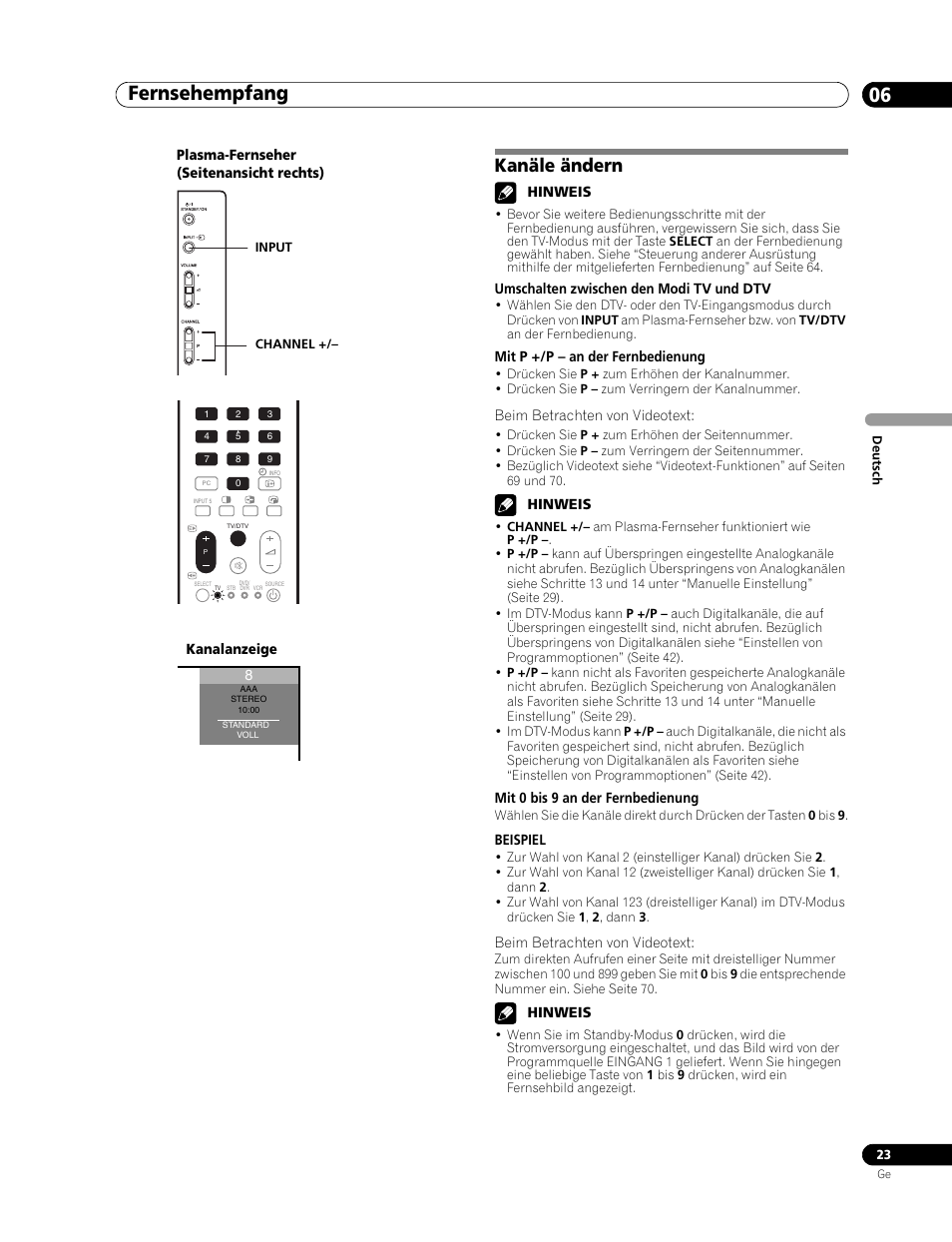 Kanäle ändern, Fernsehempfang 06 | Pioneer PDP-507XD User Manual | Page 167 / 219