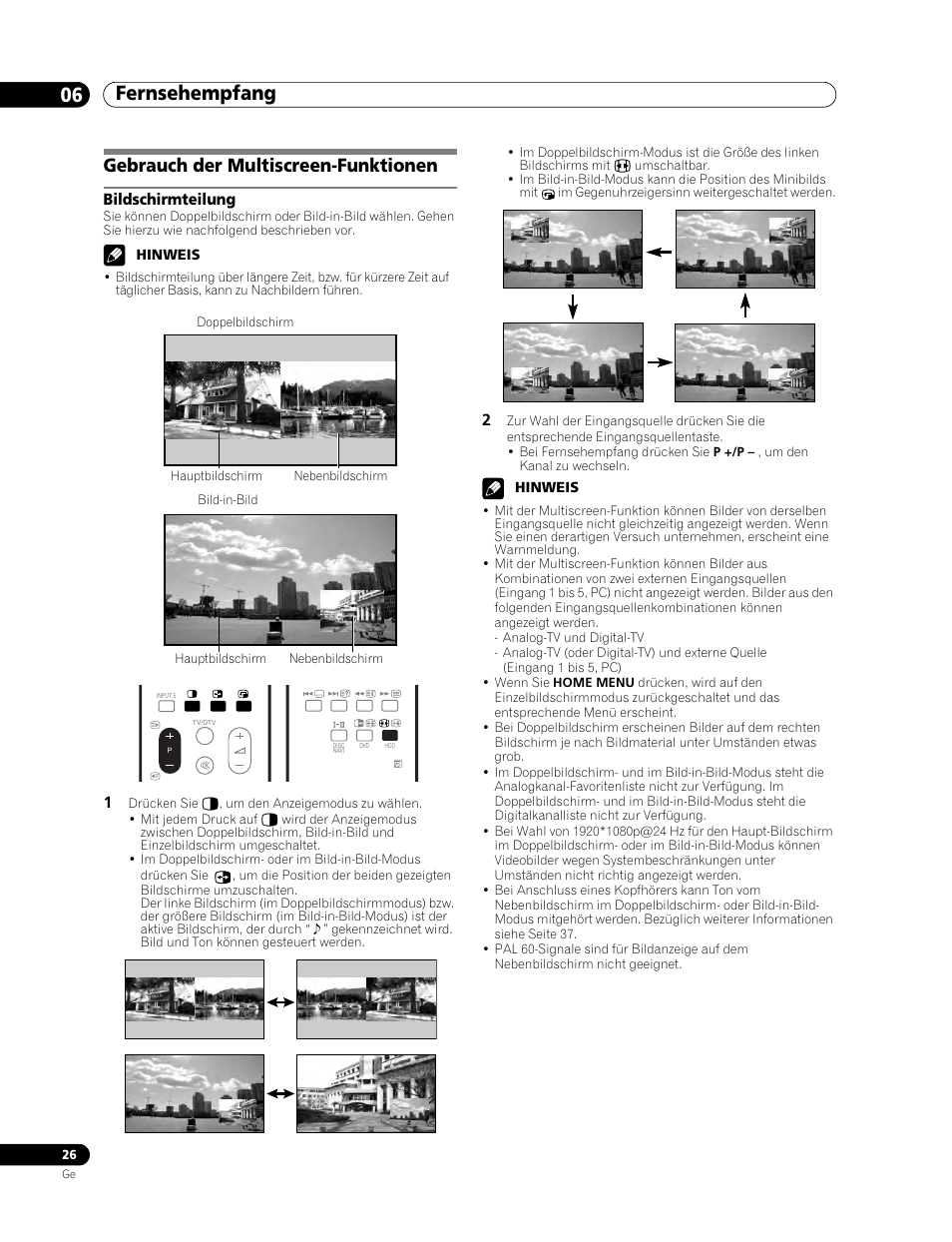 Gebrauch der multiscreen-funktionen, Bildschirmteilung, Fernsehempfang 06 | Pioneer PDP-507XD User Manual | Page 170 / 219