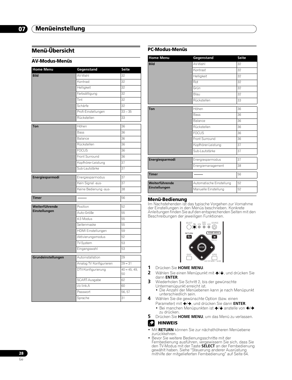 07 menüeinstellung, Menü-übersicht, Av-modus-menüs pc-modus-menüs menü-bedienung | Menüeinstellung 07 menüeinstellung | Pioneer PDP-507XD User Manual | Page 172 / 219