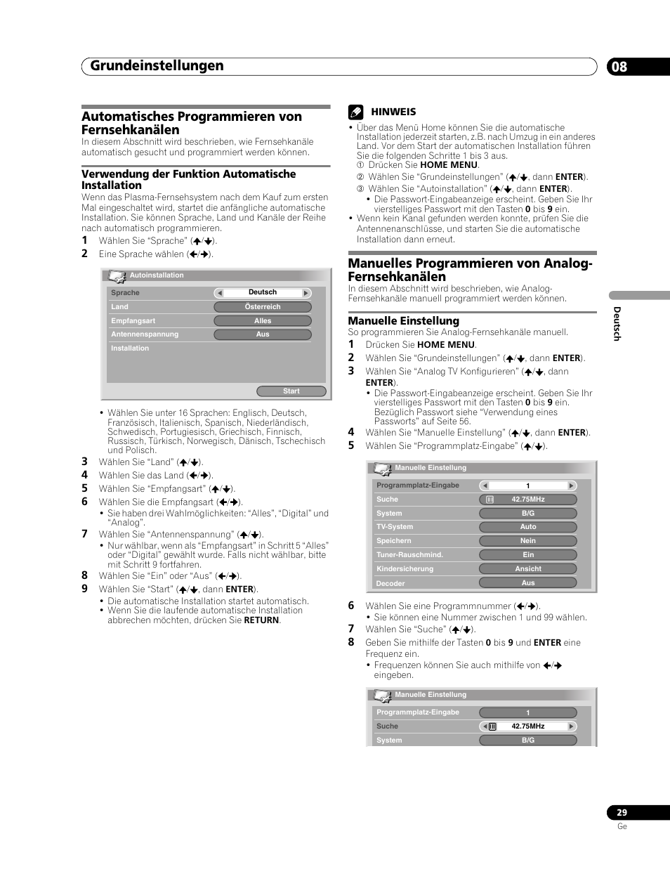 08 grundeinstellungen, Automatisches programmieren von fernsehkanälen, Verwendung der funktion automatische installation | Manuelles programmieren von analog-fernsehkanälen, Manuelle einstellung, Grundeinstellungen 08, Grundeinstellungen, Manuelles programmieren von analog- fernsehkanälen | Pioneer PDP-507XD User Manual | Page 173 / 219