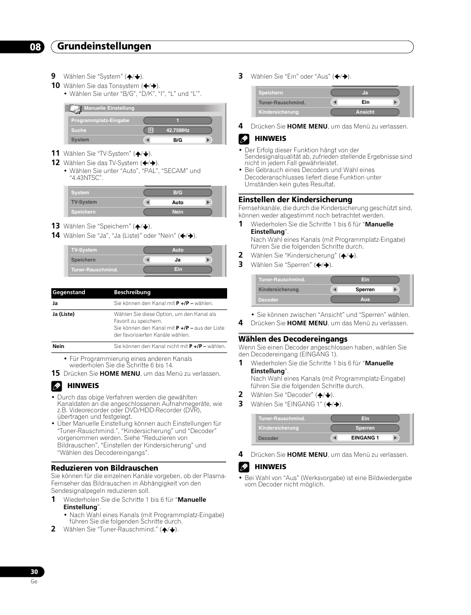 Grundeinstellungen 08, Reduzieren von bildrauschen, Einstellen der kindersicherung | Wählen des decodereingangs | Pioneer PDP-507XD User Manual | Page 174 / 219