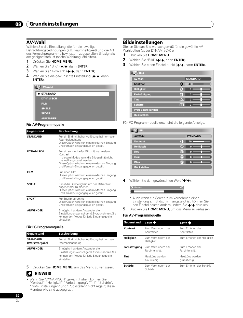 Av-wahl bildeinstellungen, Grundeinstellungen 08, Av-wahl | Bildeinstellungen | Pioneer PDP-507XD User Manual | Page 176 / 219