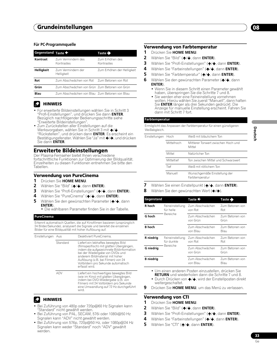 Erweiterte bildeinstellungen, Grundeinstellungen 08, Verwendung von purecinema 1 | Verwendung von farbtemperatur 1, Verwendung von cti 1 | Pioneer PDP-507XD User Manual | Page 177 / 219