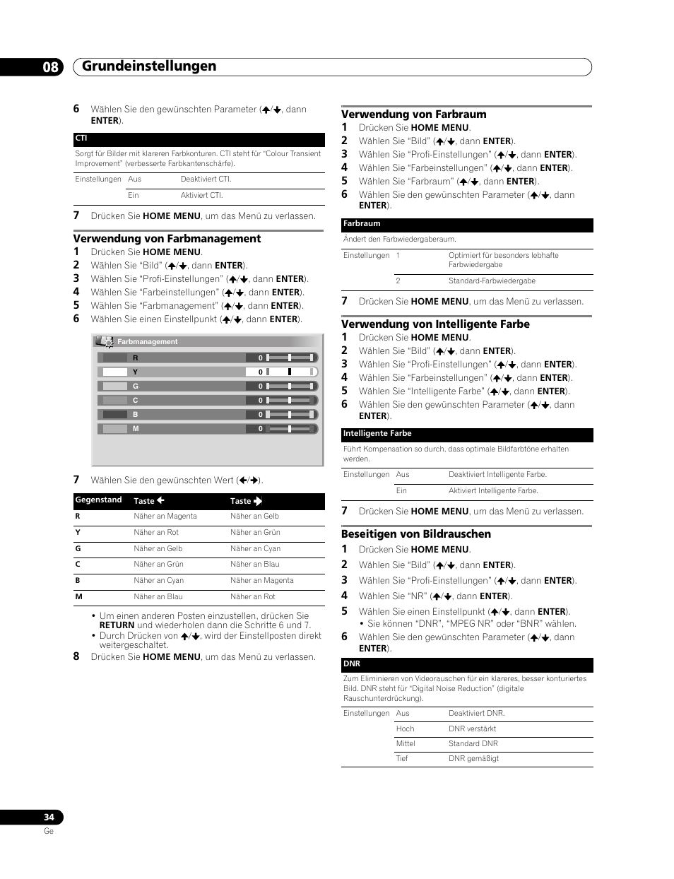 Grundeinstellungen 08, Verwendung von farbmanagement 1, Verwendung von farbraum 1 | Verwendung von intelligente farbe 1, Beseitigen von bildrauschen 1 | Pioneer PDP-507XD User Manual | Page 178 / 219