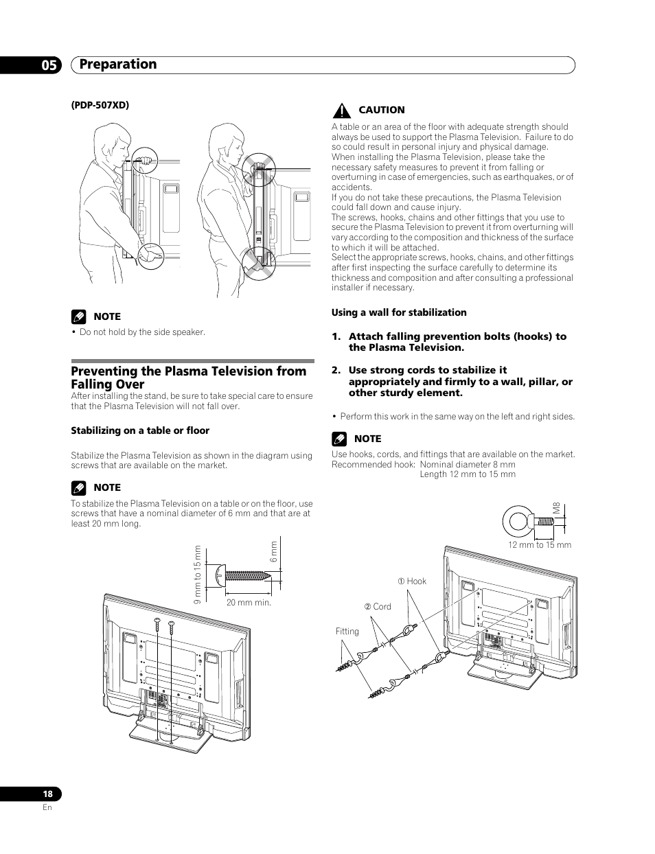 Stabilizing on a table or floor, Using a wall for stabilization, Preventing the plasma television from falling over | Preparation 05 | Pioneer PDP-507XD User Manual | Page 18 / 219