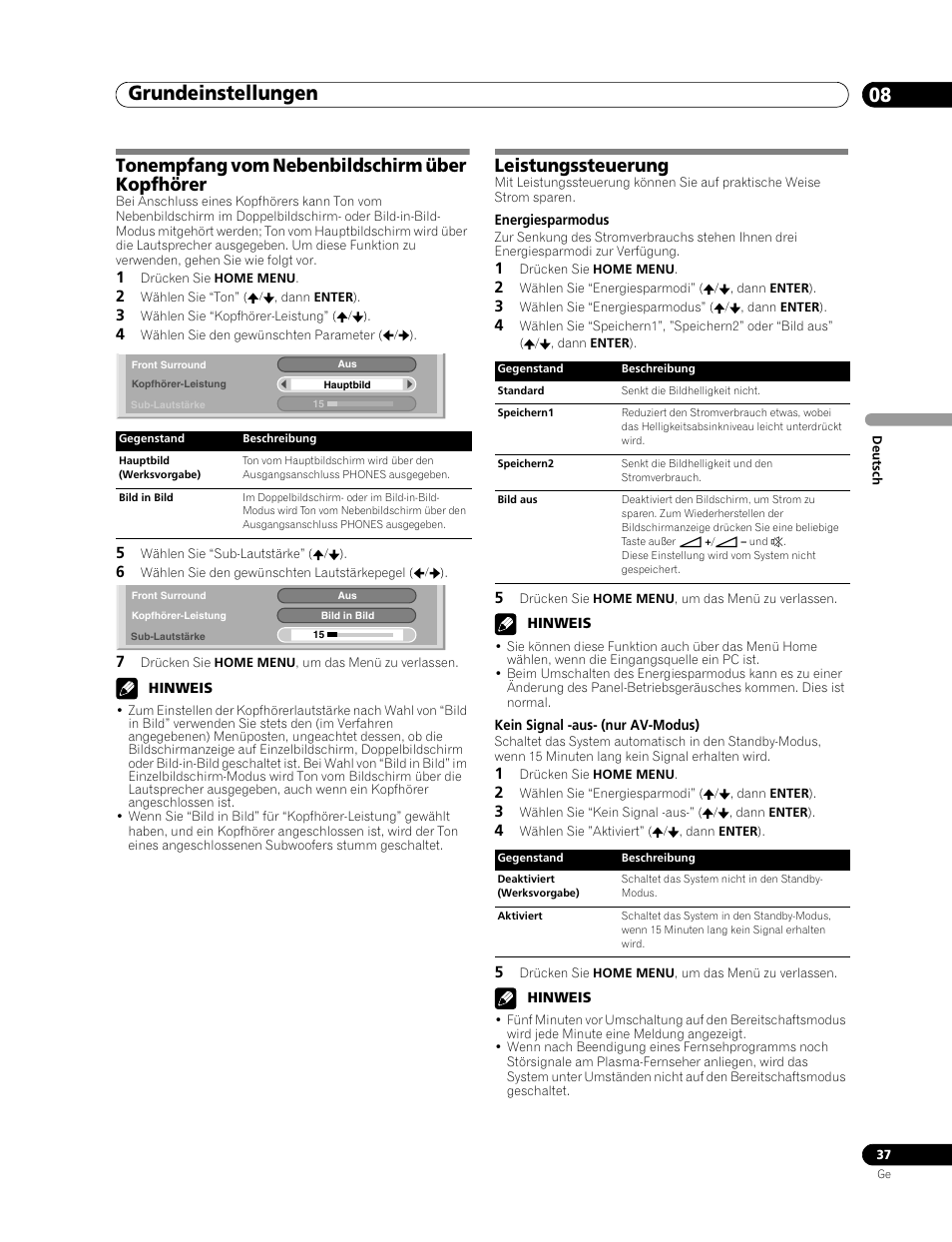 Grundeinstellungen 08, Tonempfang vom nebenbildschirm über kopfhörer, Leistungssteuerung | Pioneer PDP-507XD User Manual | Page 181 / 219