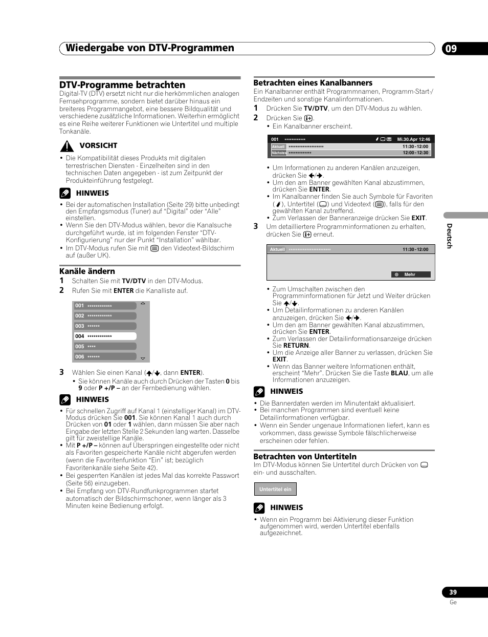 09 wiedergabe von dtv-programmen, Dtv-programme betrachten, Wiedergabe von dtv-programmen 09 | Wiedergabe von dtv-programmen, Kanäle ändern 1, Betrachten eines kanalbanners, Betrachten von untertiteln | Pioneer PDP-507XD User Manual | Page 183 / 219