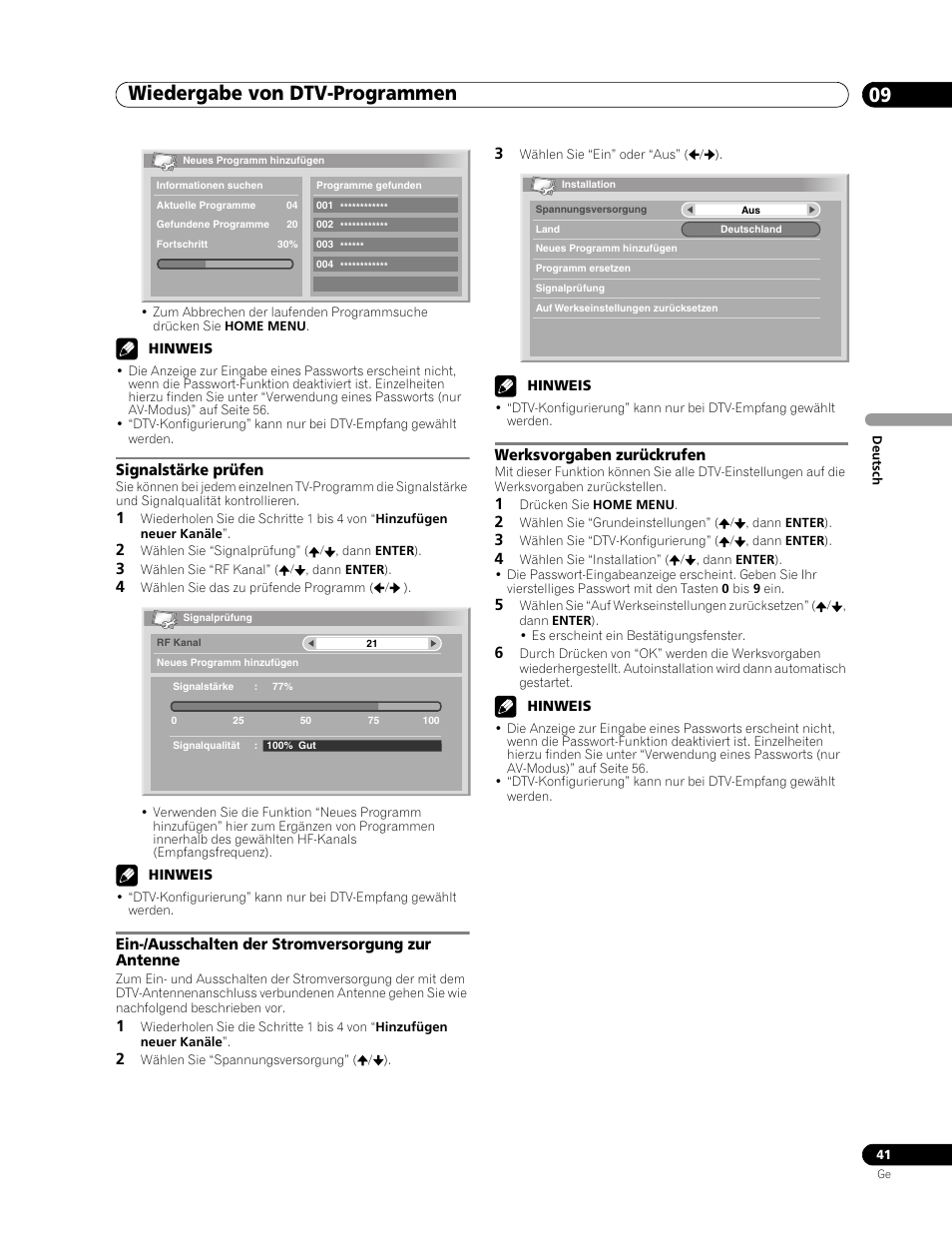 Wiedergabe von dtv-programmen 09, Signalstärke prüfen, Ein-/ausschalten der stromversorgung zur antenne | Werksvorgaben zurückrufen | Pioneer PDP-507XD User Manual | Page 185 / 219