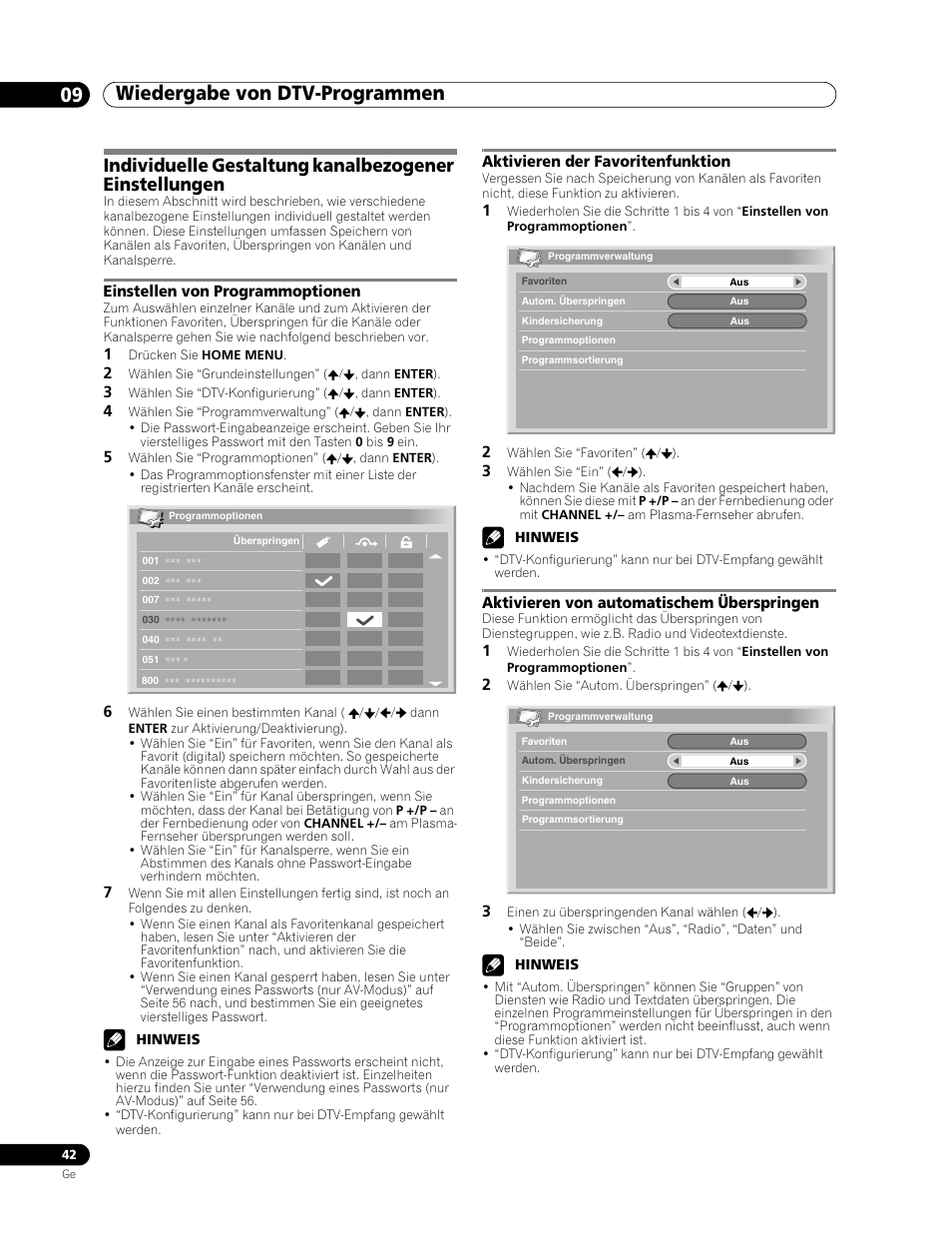 Wiedergabe von dtv-programmen 09, Einstellen von programmoptionen, Aktivieren der favoritenfunktion | Aktivieren von automatischem überspringen | Pioneer PDP-507XD User Manual | Page 186 / 219