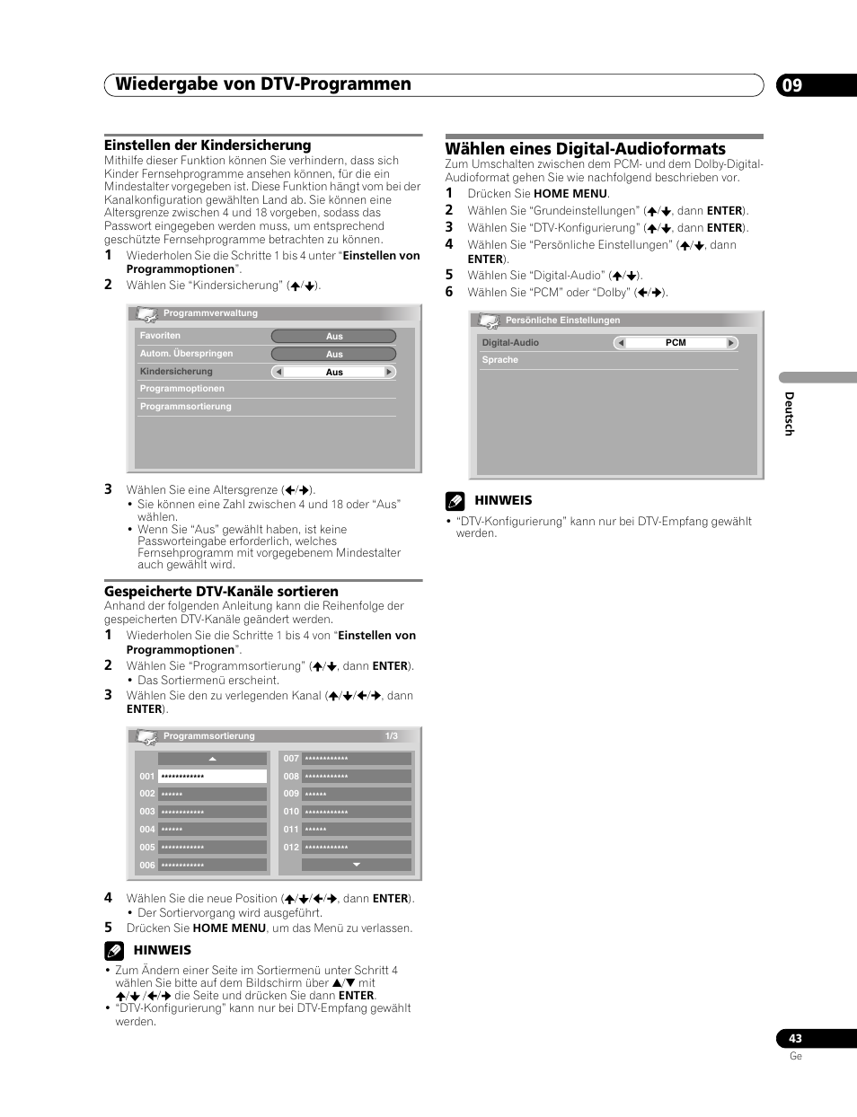 Wählen eines digital-audioformats, Wiedergabe von dtv-programmen 09, Einstellen der kindersicherung | Gespeicherte dtv-kanäle sortieren | Pioneer PDP-507XD User Manual | Page 187 / 219