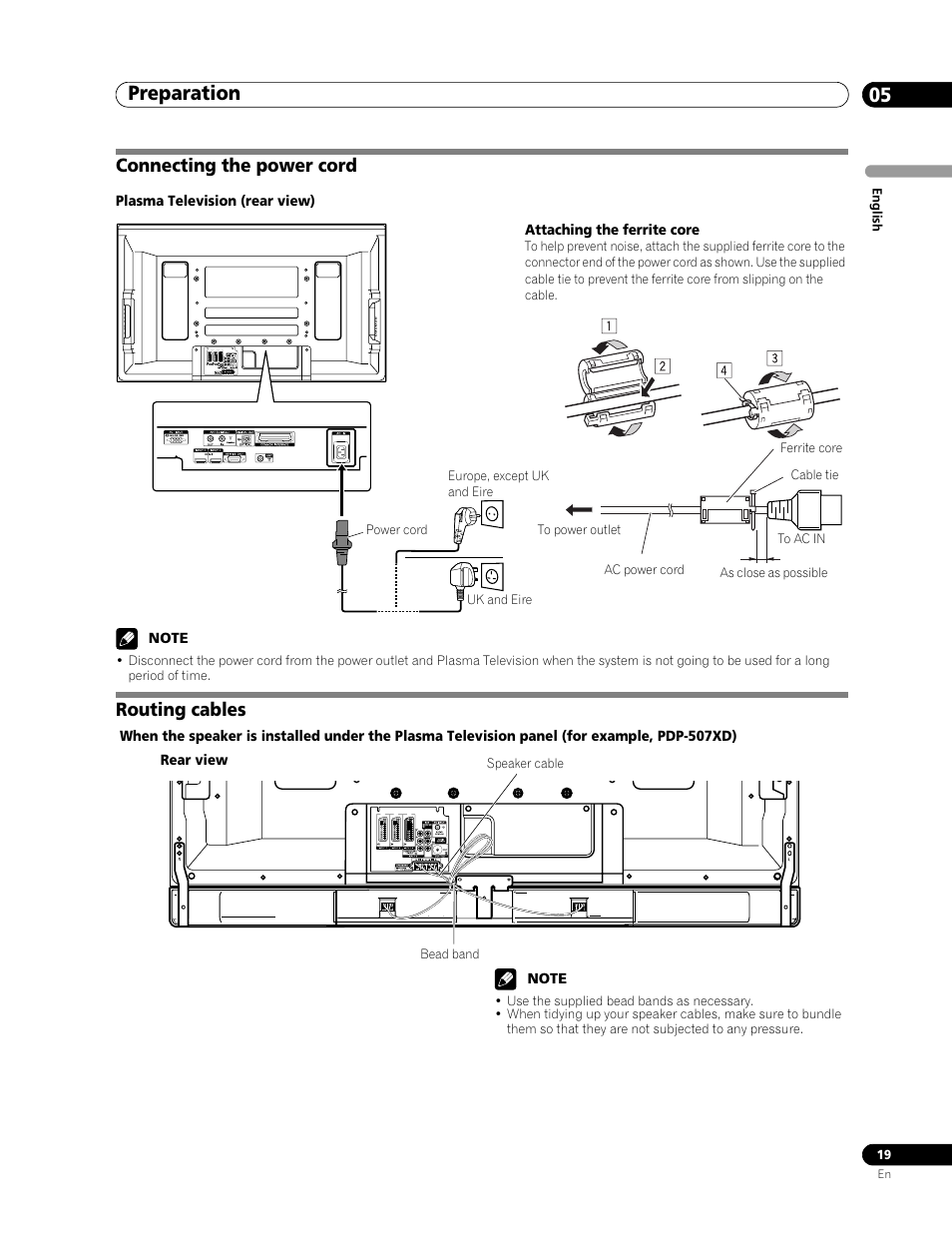 Plasma television (rear view), Connecting the power cord routing cables, Preparation 05 | Connecting the power cord, Routing cables | Pioneer PDP-507XD User Manual | Page 19 / 219