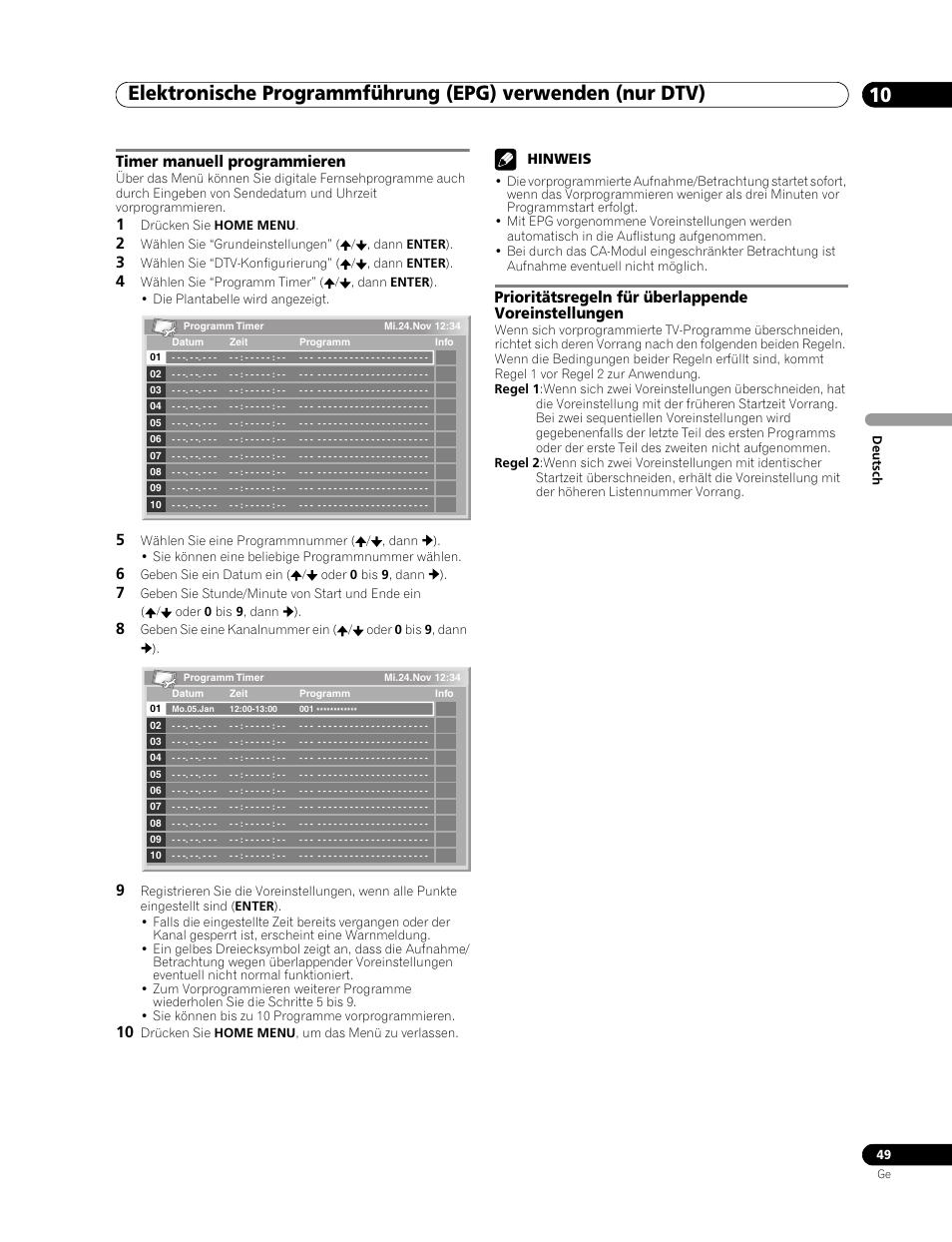 Timer manuell programmieren, Prioritätsregeln für überlappende voreinstellungen | Pioneer PDP-507XD User Manual | Page 193 / 219