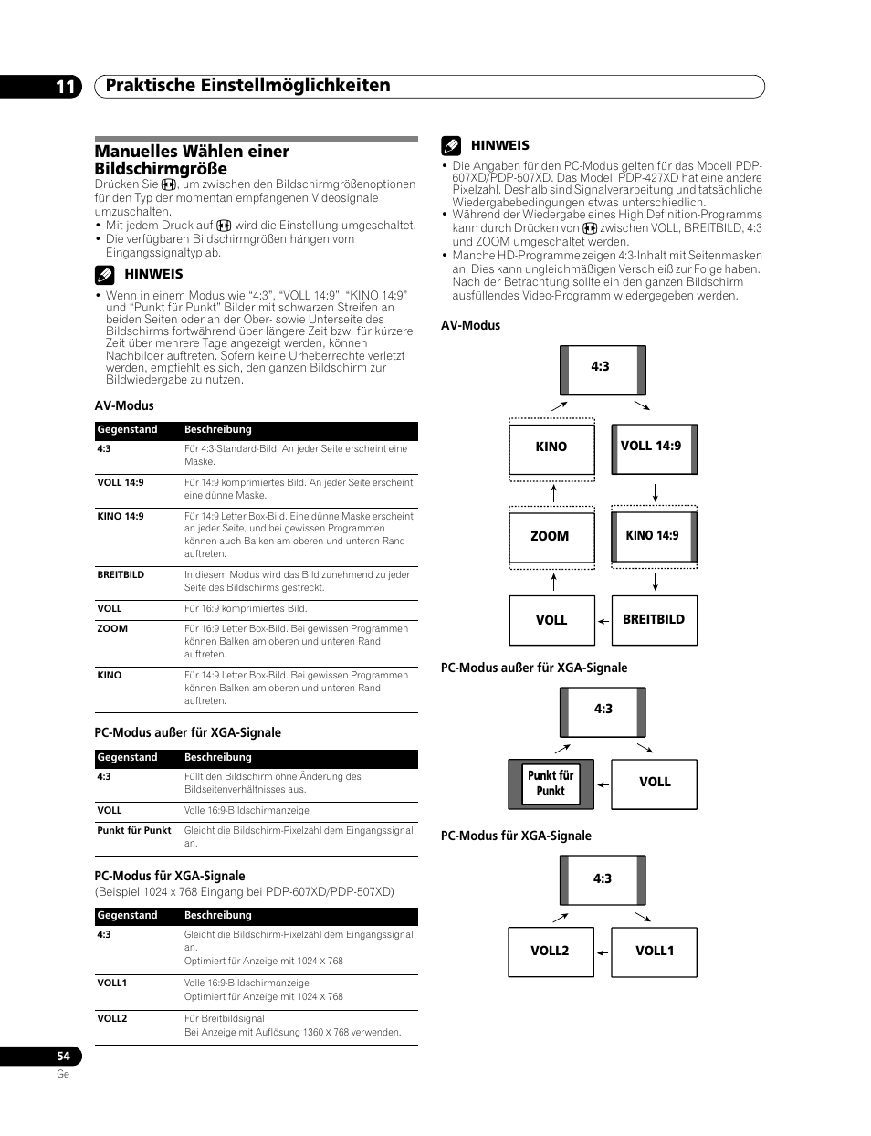 Manuelles wählen einer bildschirmgröße, Praktische einstellmöglichkeiten 11 | Pioneer PDP-507XD User Manual | Page 198 / 219