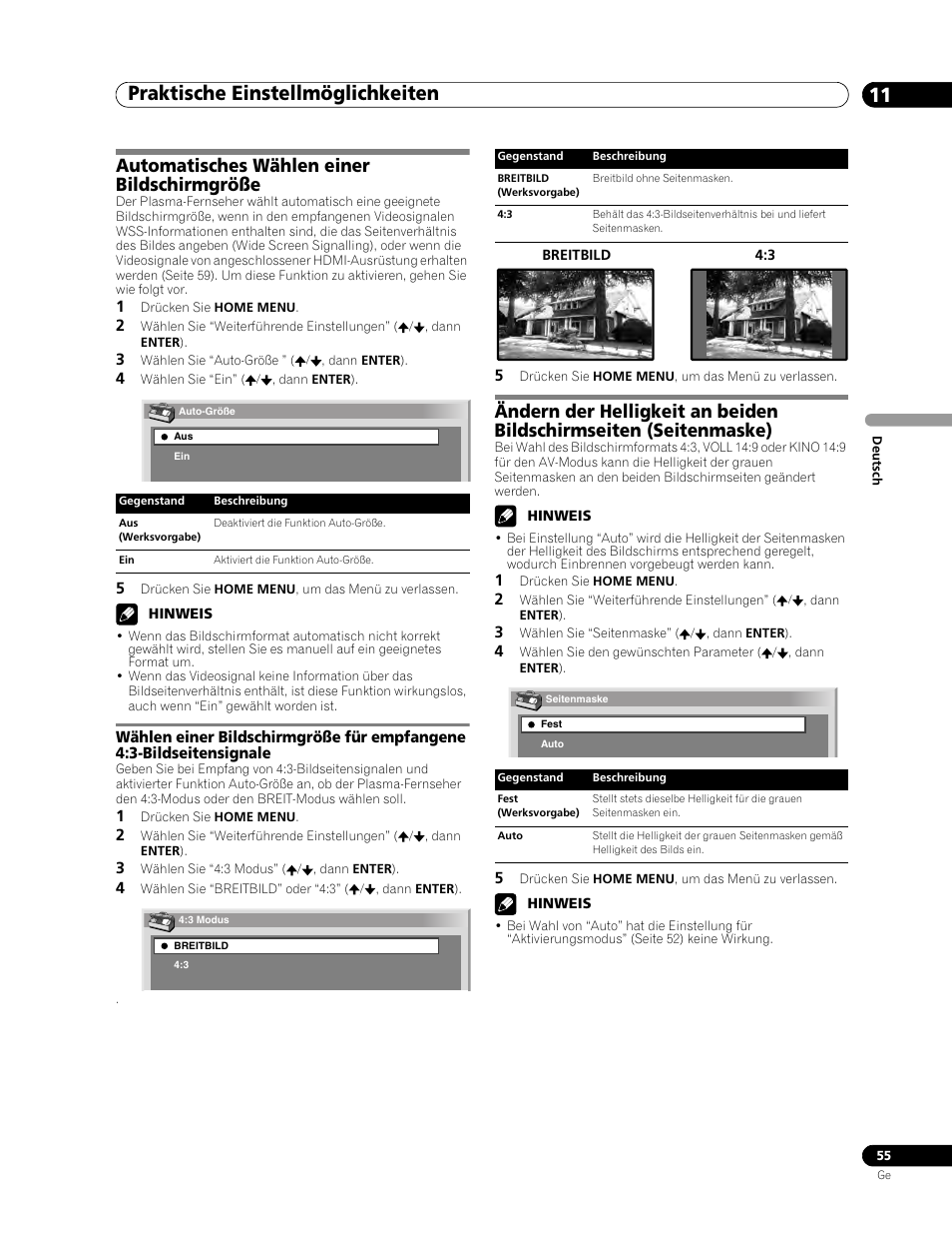 Automatisches wählen einer bildschirmgröße, Praktische einstellmöglichkeiten 11 | Pioneer PDP-507XD User Manual | Page 199 / 219