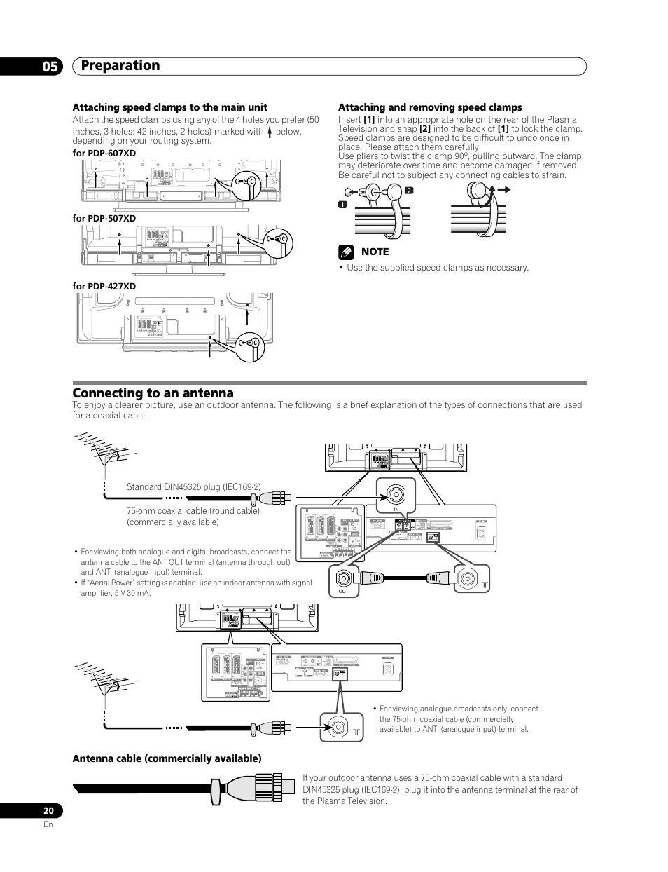 Attaching speed clamps to the main unit, Attaching and removing speed clamps, Connecting to an antenna | Preparation 05 | Pioneer PDP-507XD User Manual | Page 20 / 219