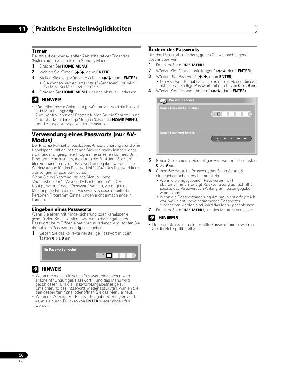 Timer verwendung eines passworts (nur av-modus), Eingeben eines passworts ändern des passworts, Praktische einstellmöglichkeiten 11 | Timer, Verwendung eines passworts (nur av- modus) | Pioneer PDP-507XD User Manual | Page 200 / 219