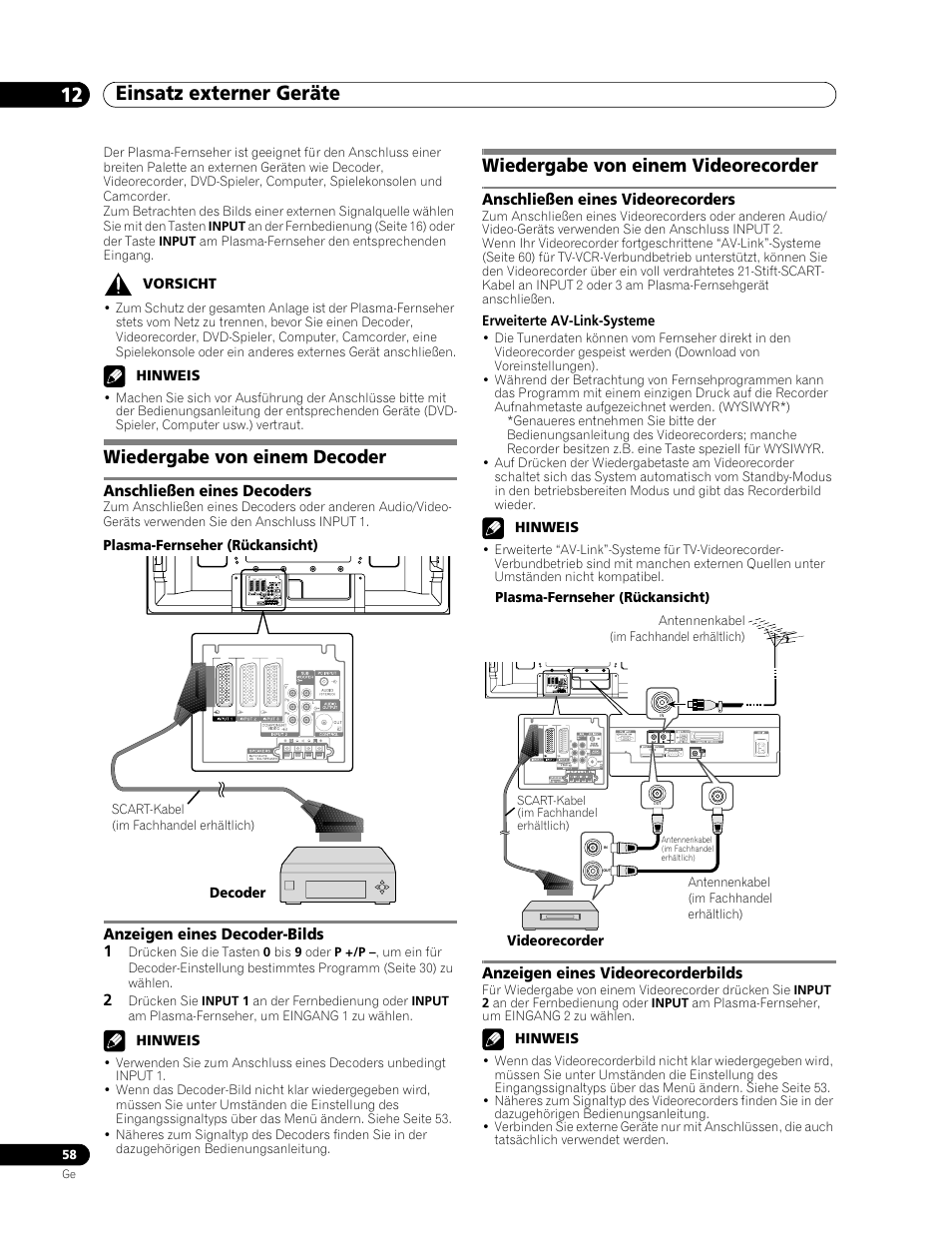 12 einsatz externer geräte, Wiedergabe von einem decoder, Wiedergabe von einem videorecorder | Einsatz externer geräte 12 einsatz externer geräte | Pioneer PDP-507XD User Manual | Page 202 / 219