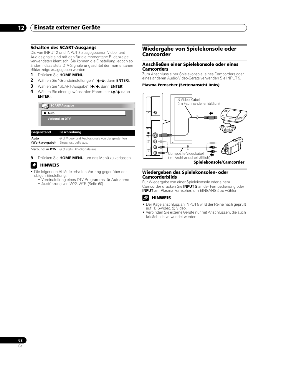 Schalten des scart-ausgangs, Wiedergabe von spielekonsole oder camcorder, Einsatz externer geräte 12 | Pioneer PDP-507XD User Manual | Page 206 / 219