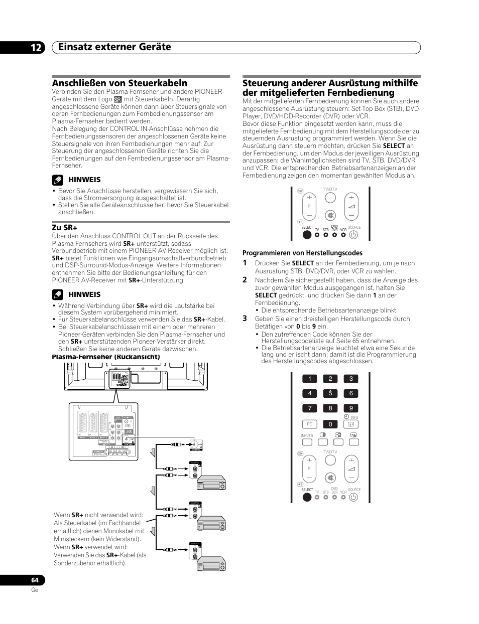 Anschließen von steuerkabeln, Zu sr, Einsatz externer geräte 12 | Pioneer PDP-507XD User Manual | Page 208 / 219