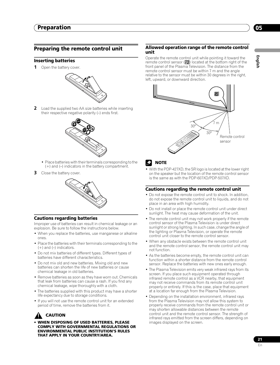 Preparing the remote control unit, Preparation 05 | Pioneer PDP-507XD User Manual | Page 21 / 219