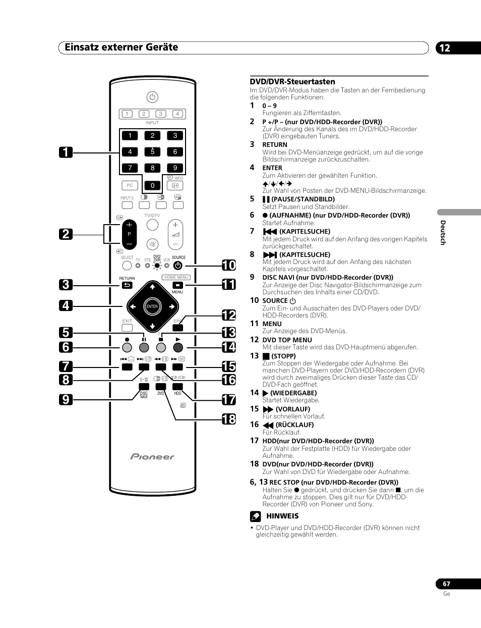 Dvd/dvr-steuertasten, Einsatz externer geräte 12 | Pioneer PDP-507XD User Manual | Page 211 / 219