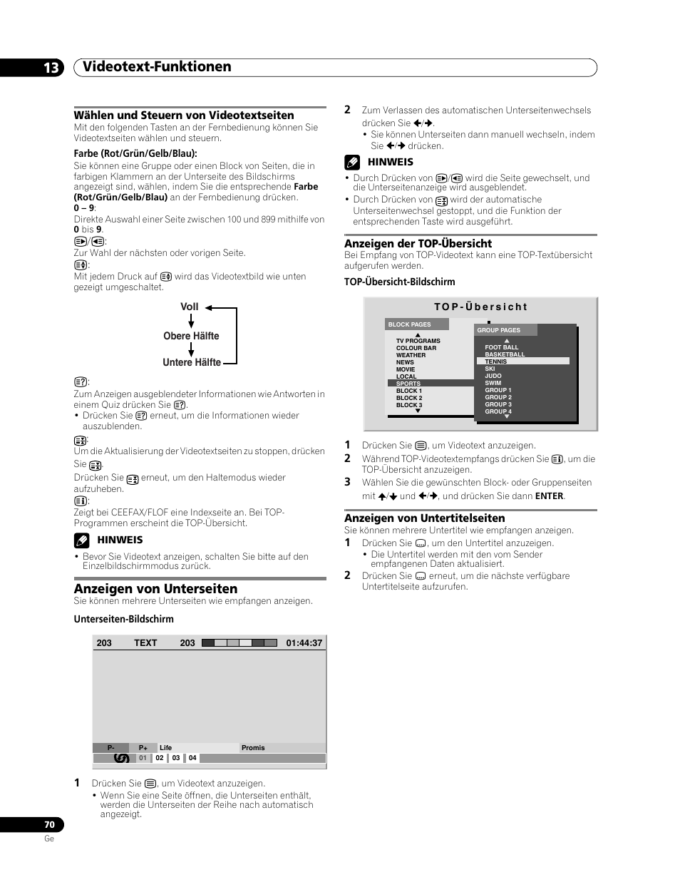 Wählen und steuern von videotextseiten, Anzeigen von unterseiten, Videotext-funktionen 13 | Pioneer PDP-507XD User Manual | Page 214 / 219