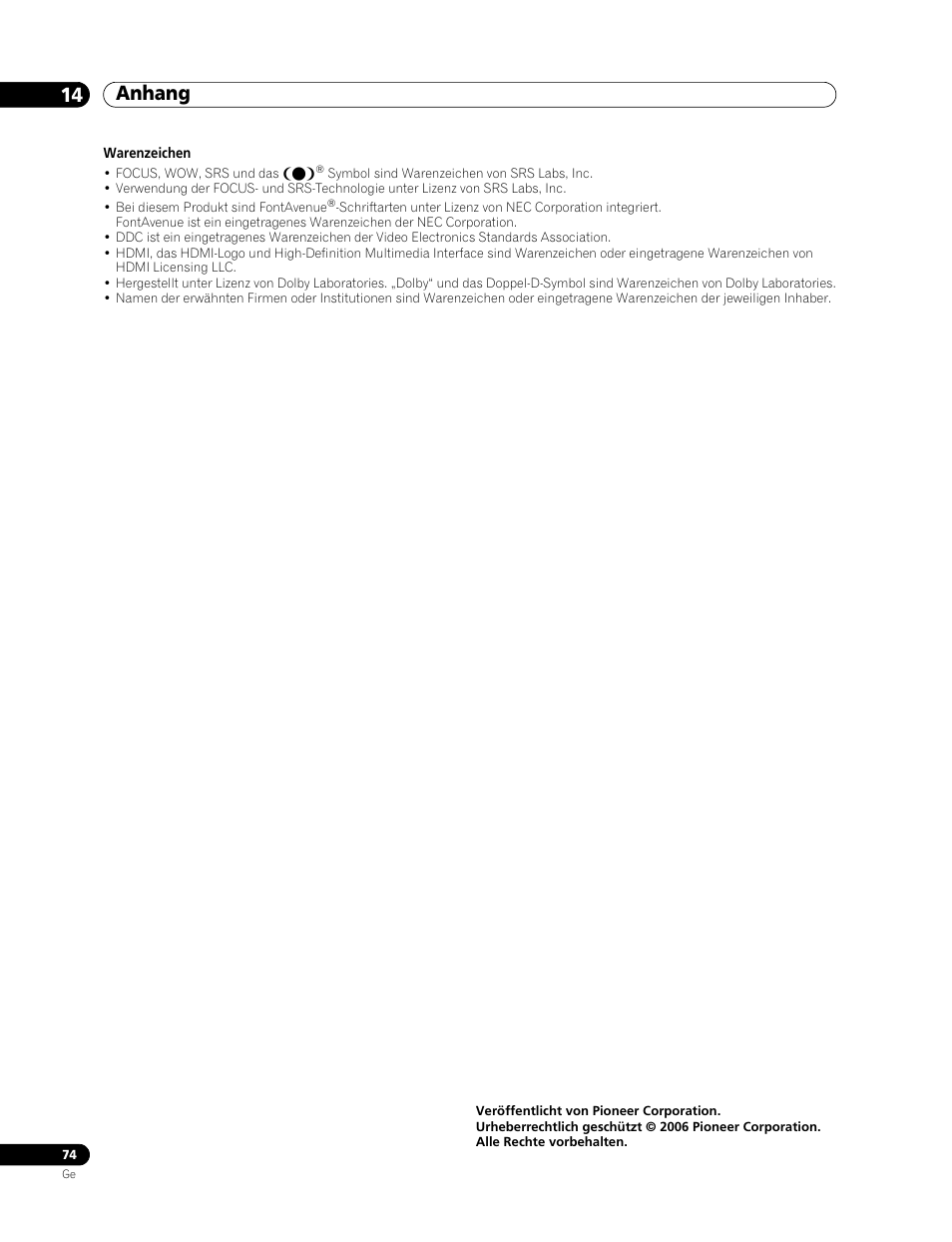 Anhang 14 | Pioneer PDP-507XD User Manual | Page 218 / 219