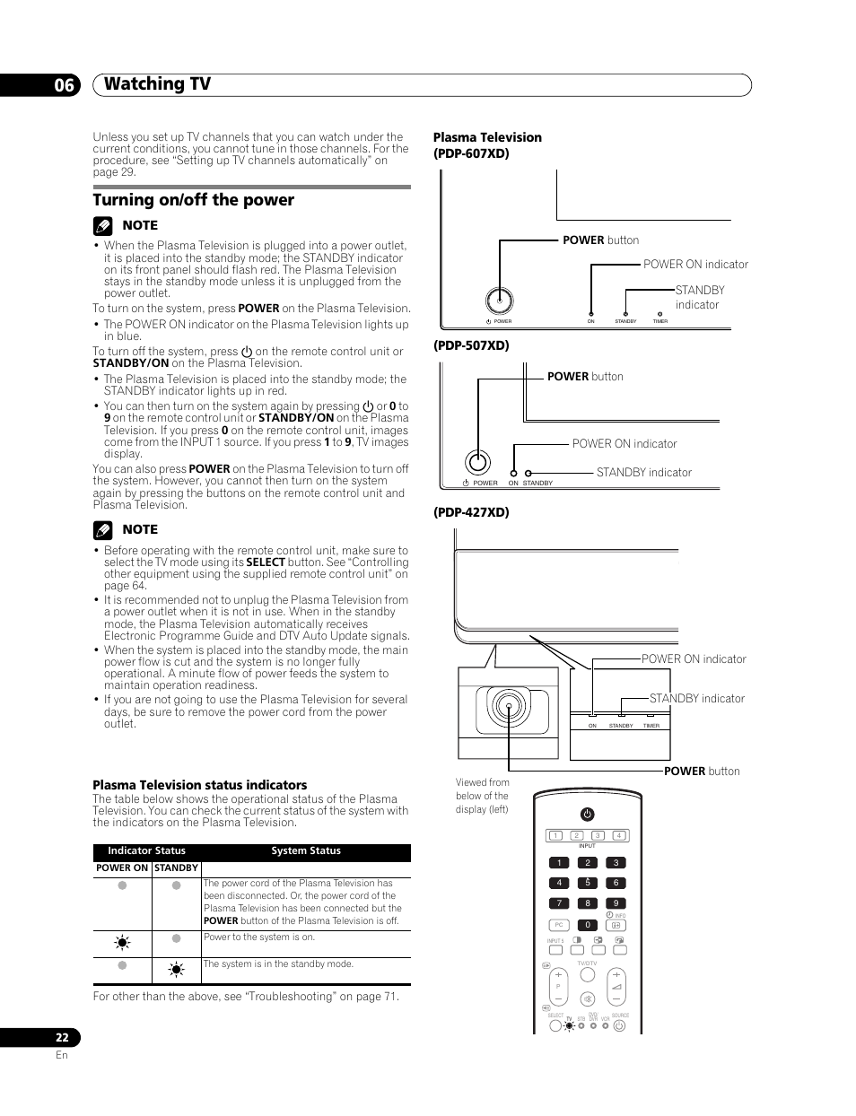 Watching tv, Turning on/off the power, Plasma television status indicators | Plasma television (pdp-607xd), Pdp-507xd), Pdp-427xd), 06 watching tv, Watching tv 06 watching tv | Pioneer PDP-507XD User Manual | Page 22 / 219