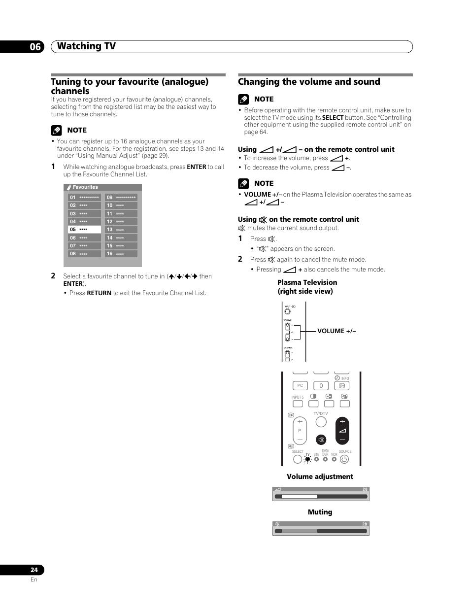 Tuning to your favourite (analogue) channels, Changing the volume and sound, Using i +/i - on the remote control unit | Using e on the remote control unit, Watching tv 06 | Pioneer PDP-507XD User Manual | Page 24 / 219