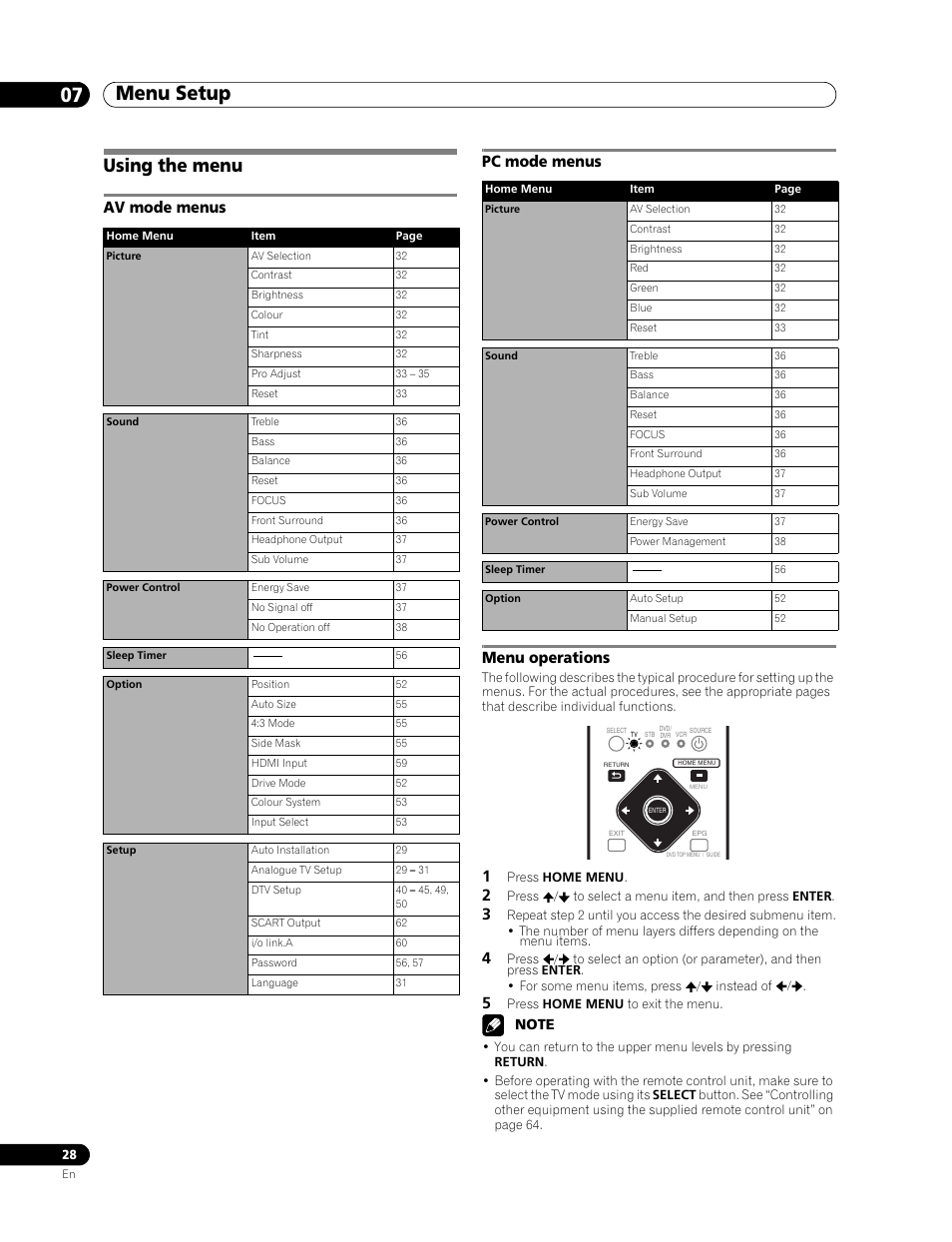 Menu setup, Using the menu, 07 menu setup | Av mode menus pc mode menus menu operations, Menu setup 07 menu setup | Pioneer PDP-507XD User Manual | Page 28 / 219
