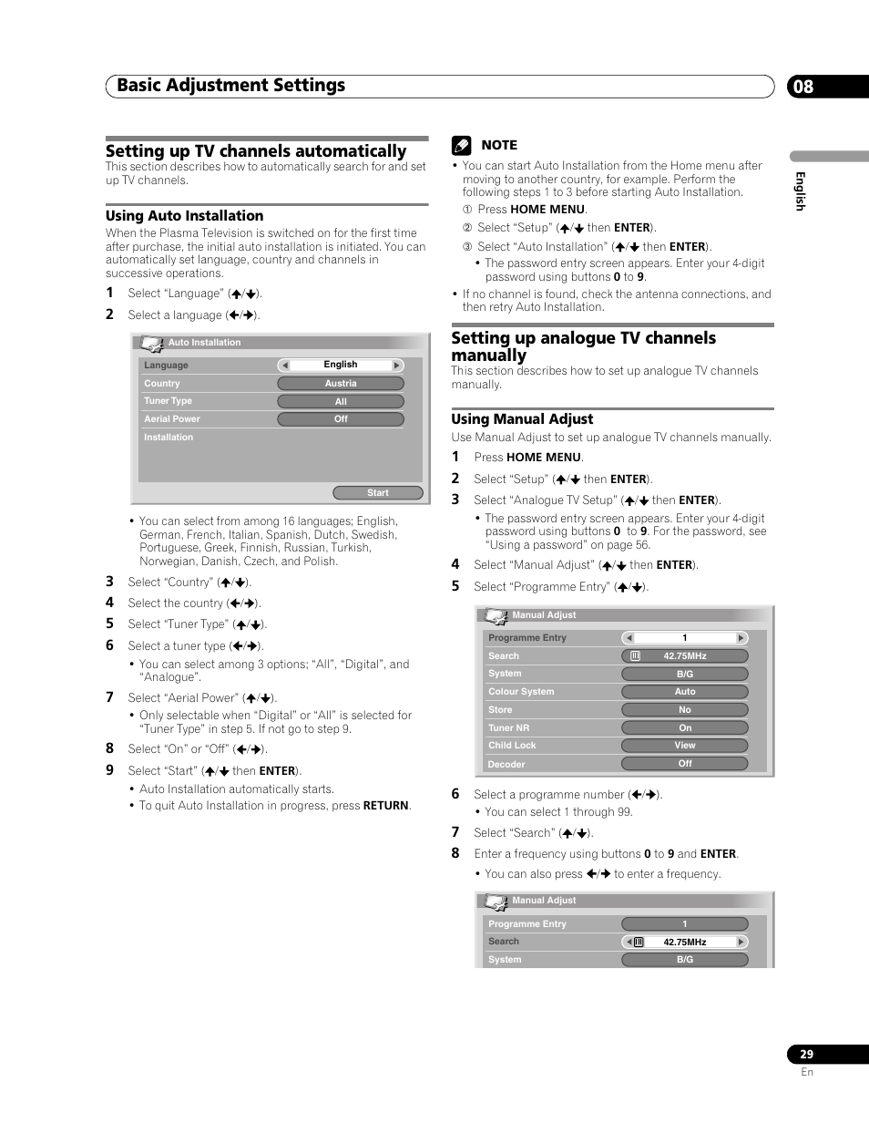 Basic adjustment settings, Setting up tv channels automatically, Setting up analogue tv channels manually | 08 basic adjustment settings, Using auto installation, Using manual adjust, Basic adjustment settings 08 | Pioneer PDP-507XD User Manual | Page 29 / 219