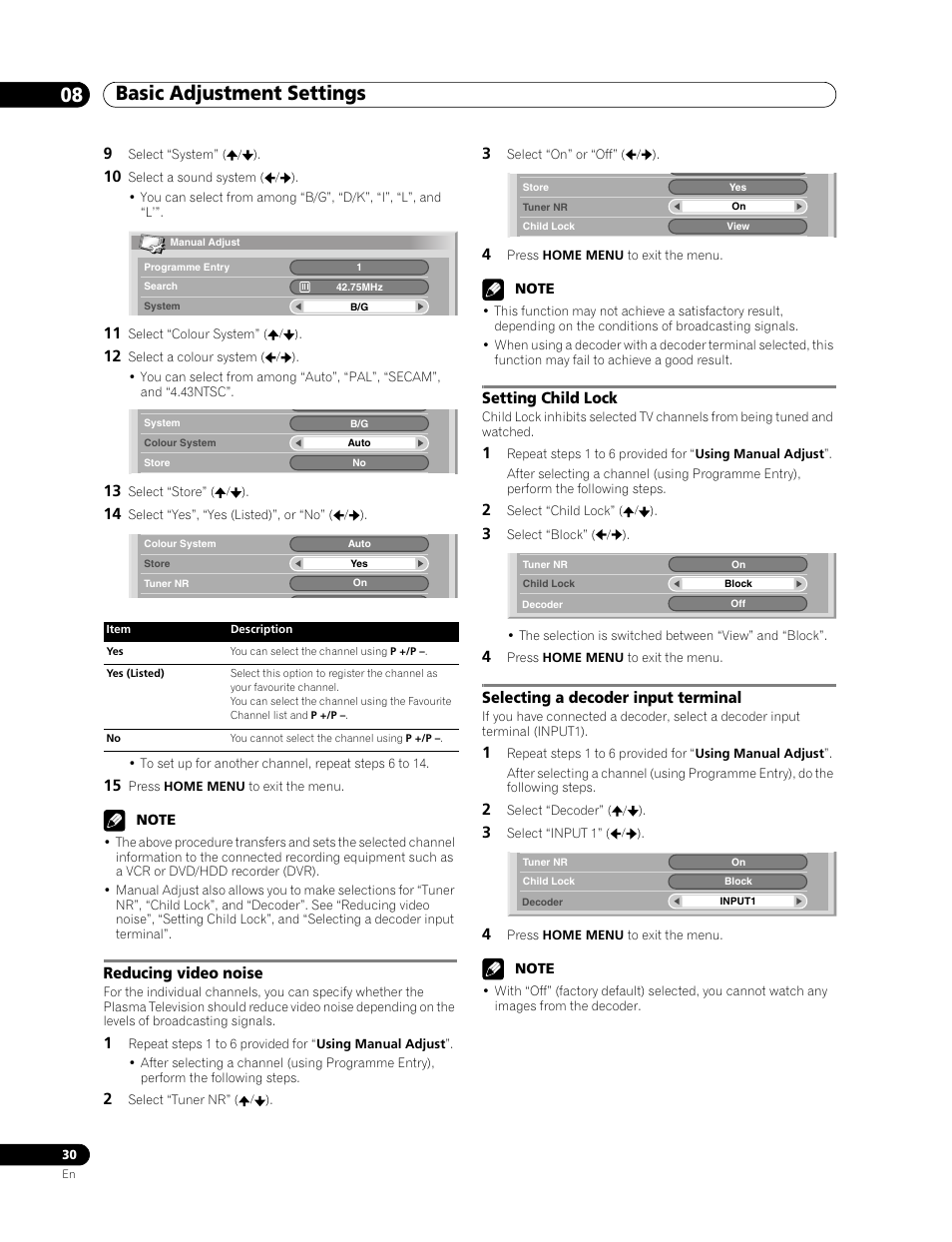 Basic adjustment settings 08, Reducing video noise, Setting child lock | Selecting a decoder input terminal | Pioneer PDP-507XD User Manual | Page 30 / 219