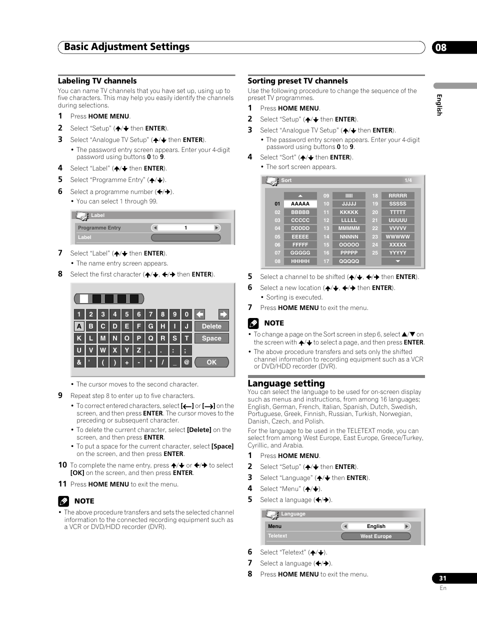 Language setting, Labeling tv channels sorting preset tv channels, Basic adjustment settings 08 | Pioneer PDP-507XD User Manual | Page 31 / 219