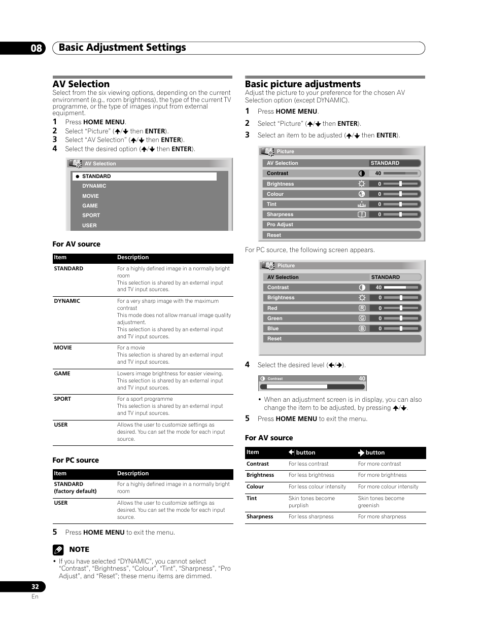 Av selection, For av source, For pc source | Basic picture adjustments, Av selection basic picture adjustments, Basic adjustment settings 08 | Pioneer PDP-507XD User Manual | Page 32 / 219