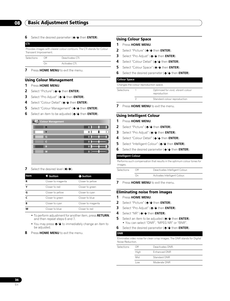 Basic adjustment settings 08, Using colour management 1, Using colour space 1 | Using intelligent colour 1, Eliminating noise from images 1 | Pioneer PDP-507XD User Manual | Page 34 / 219